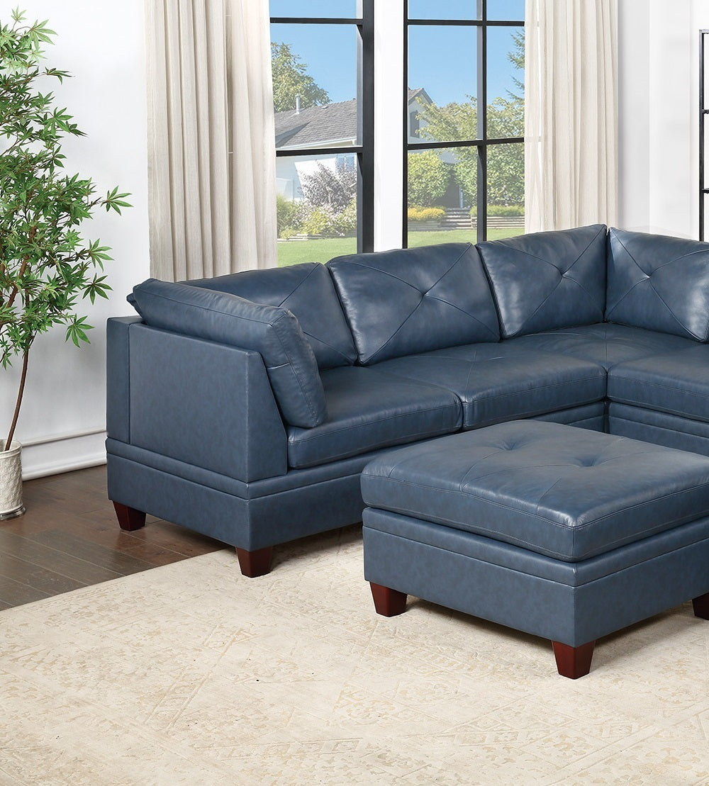 Ink Blue Genuine Leather Tufted 8-Piece Sectional Set with Ottoman and Plush Couch