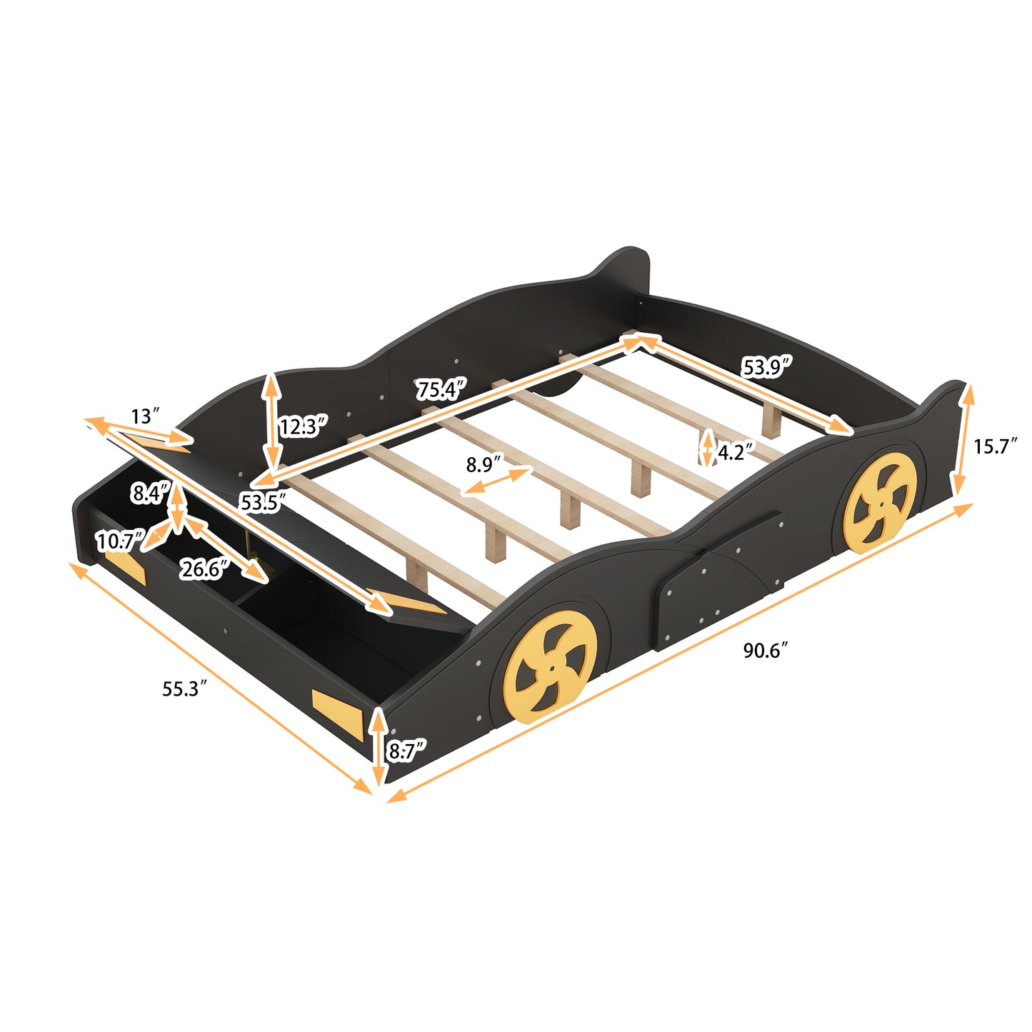 Full Size Race Car-Shaped Platform Bed with Wheels and Storage, Black+Yellow