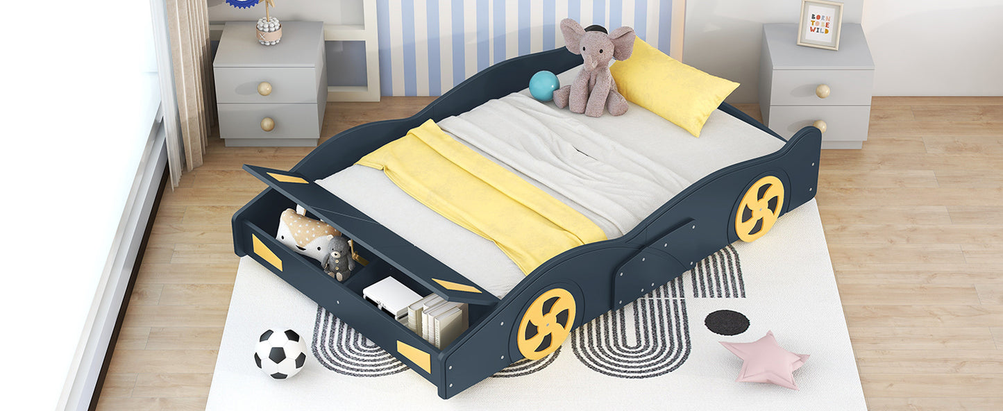 Full Size Race Car-Shaped Platform Bed with Wheels and Storage, Dark Blue+Yellow