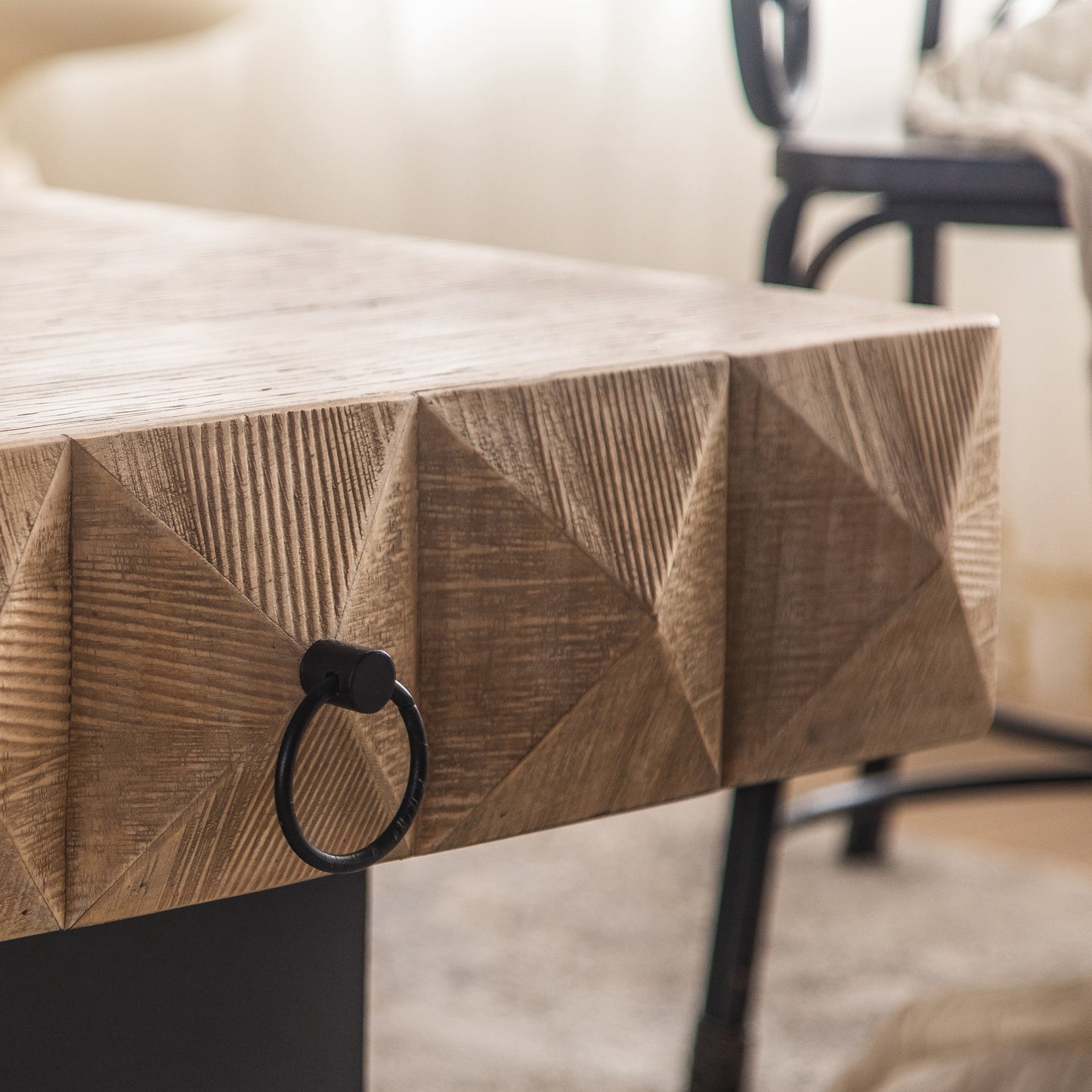 Square Vintage Coffee Table with 3D Embossed Pattern, Drawers, and Solid Wood Base