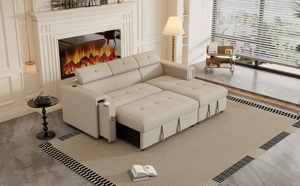 L-Shaped Sectional Sofa with Hidden Storage, Adjustable Headrest, Wireless Charging, and Cup Holders