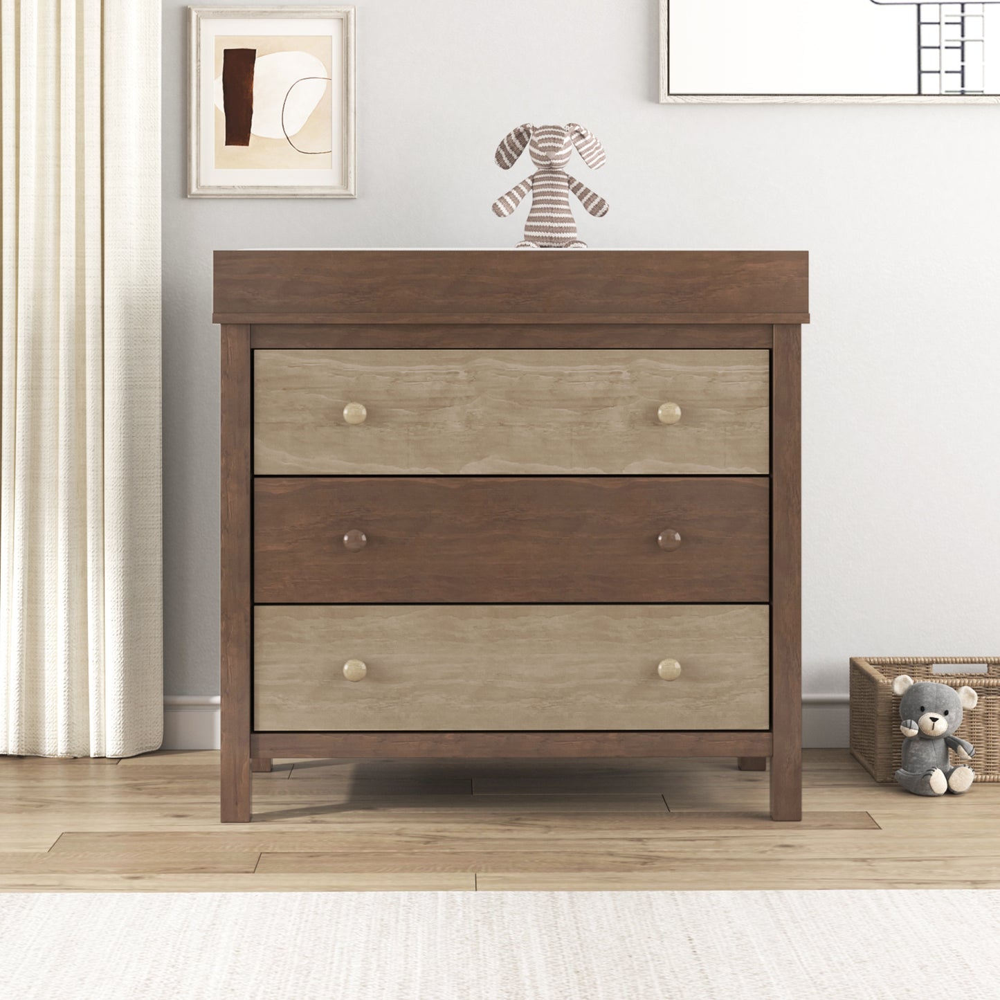 3-Drawer Changer Dresser with Removable Changing Tray in Brown