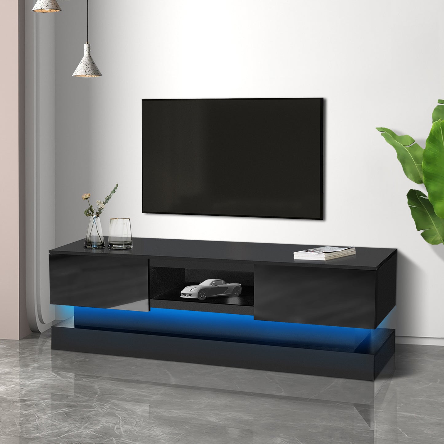 Modern 63-Inch Black TV Stand with LED Lights and Storage Options