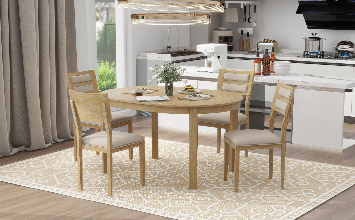 TREXM 5-Piece Multifunctional Dining Table Set, Farmhouse Dining Set with Extendable  Round Table ,Two Small Drawers and 4 Upholstered Dining Chairs for Kitchen and Dining Room (Natural Wood Wash)