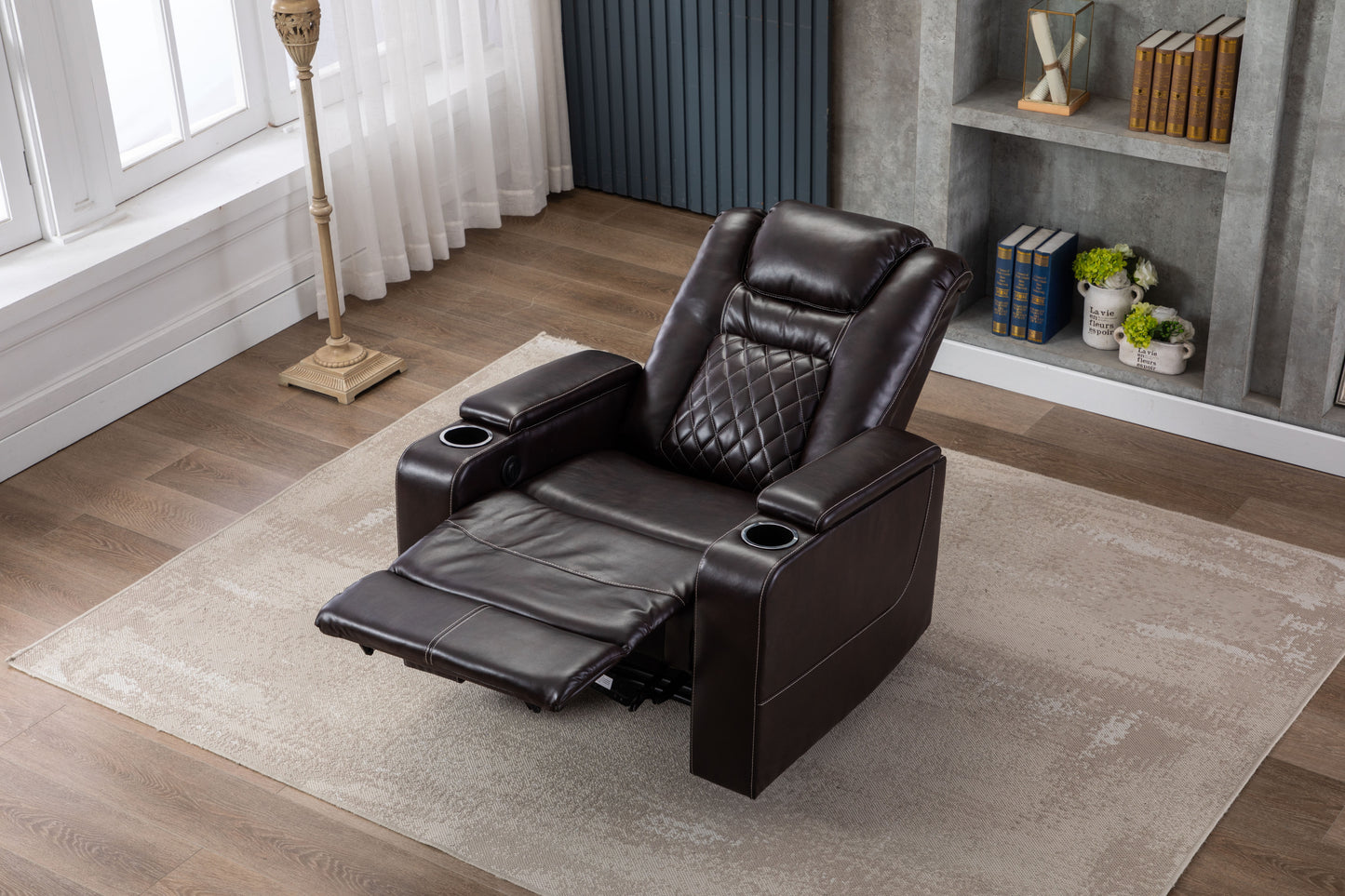 Luxurious PU Recliner with Built-In Cup Holders, Storage, and USB Port