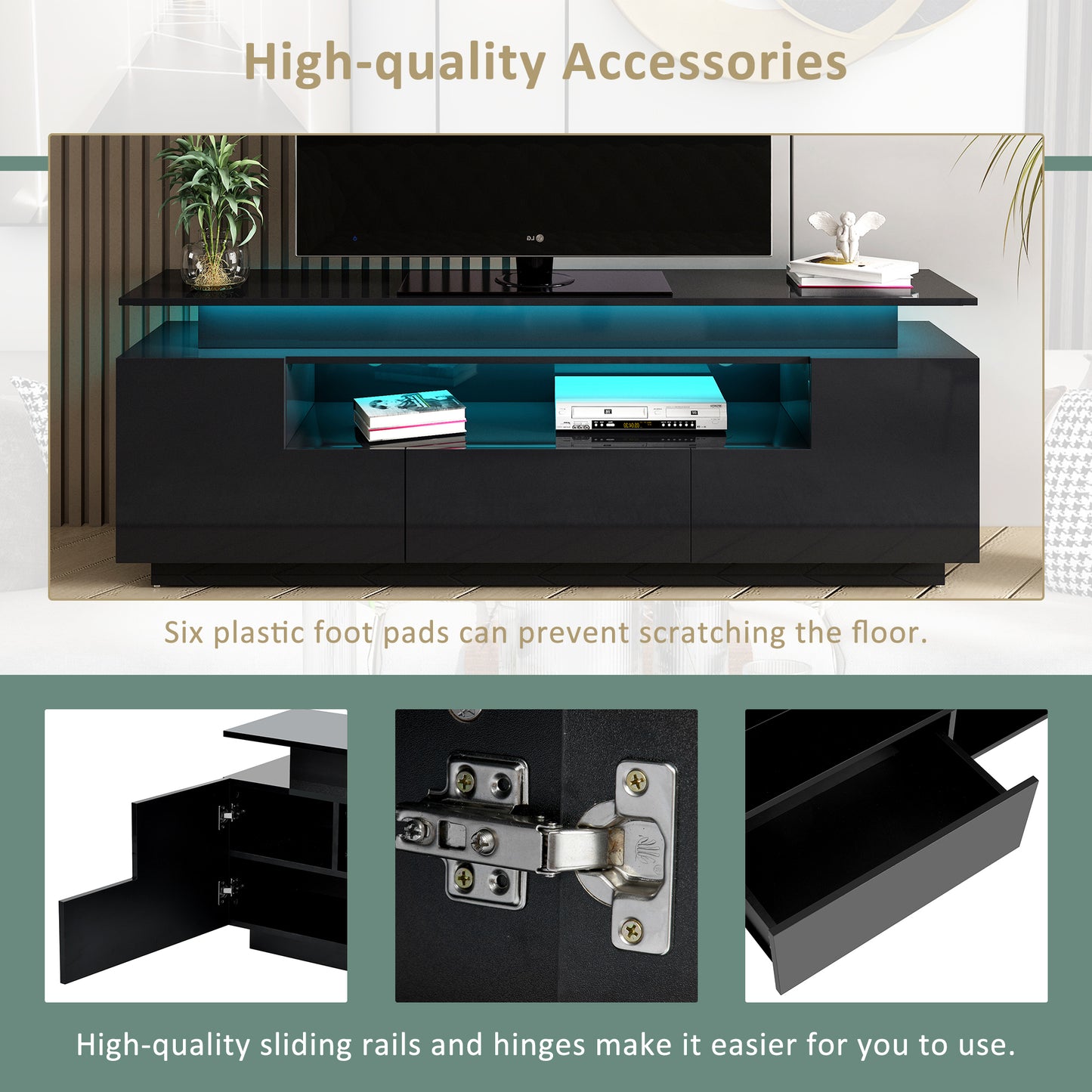 Sleek Entertainment Center with Color Changing LED Lights for 75+ inch TV, Black High Gloss TV Cabinet