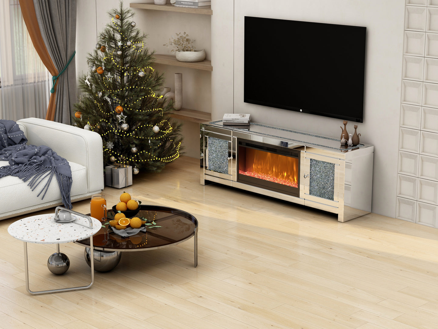 Luxury Mirrored TV Stand with Electric Fireplace and Crystal Decor Doors