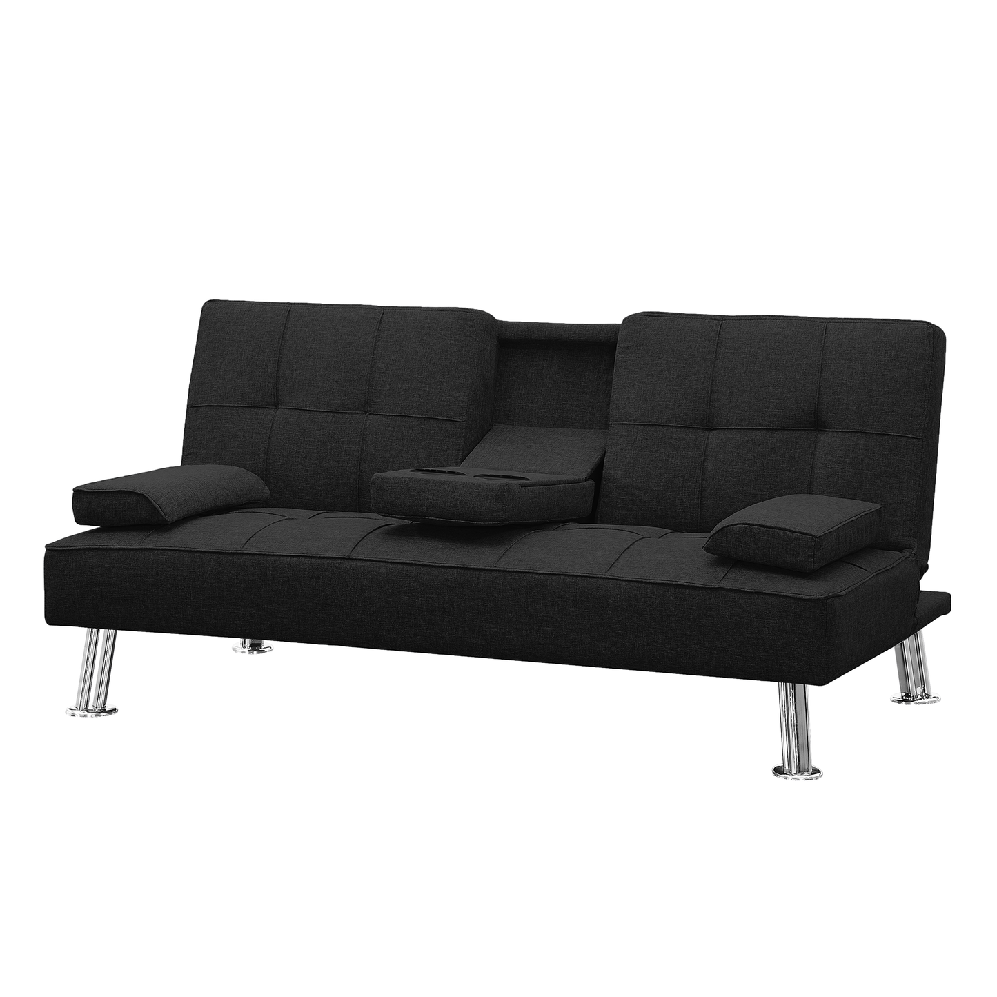 Modern Convertible Folding Futon Sofa Bed with2 Cup holders , Fabric Loveseat Sofa Bed with Removable Armrests and Metal Legs .