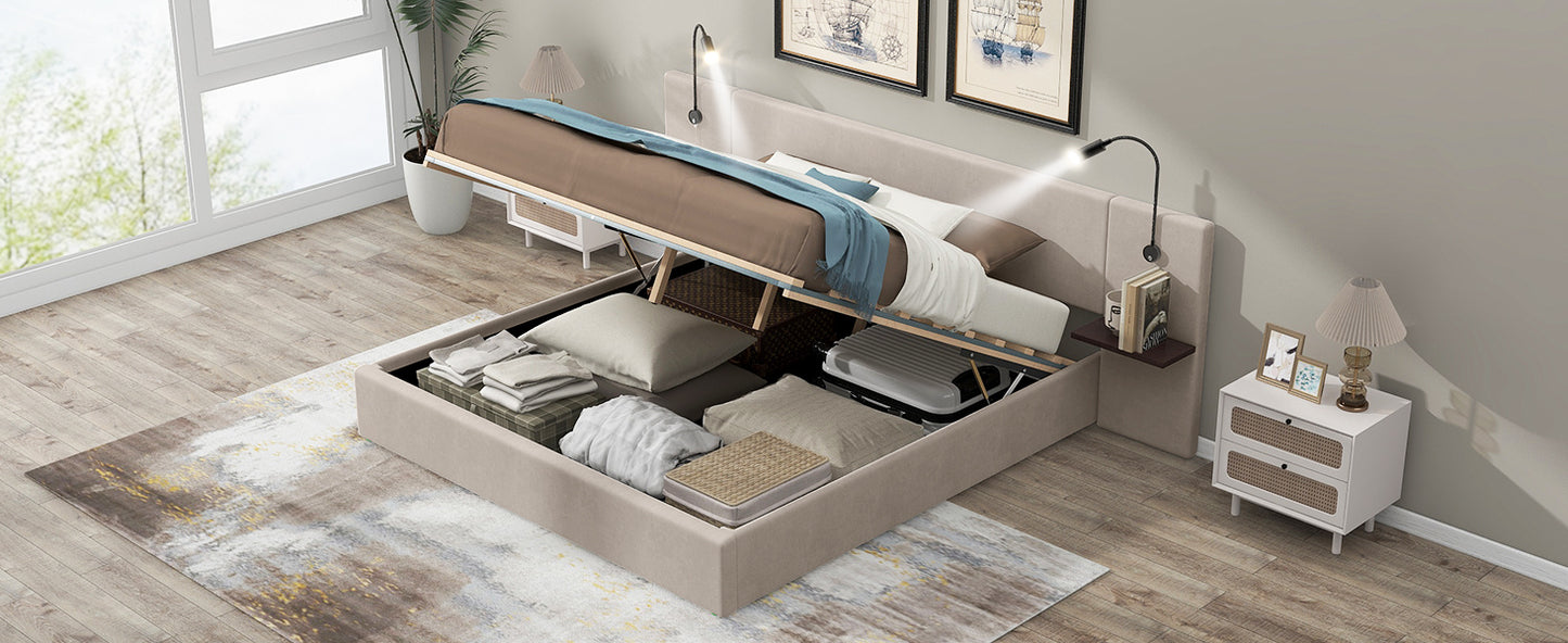 Queen Size Storage Upholstered Hydraulic Platform Bed with 2 Shelves, 2 Lights and USB, Beige