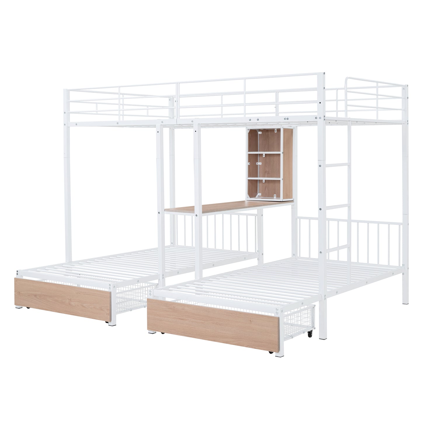 Triple Bunk Bed with White Metal Convertible Desk and Shelves