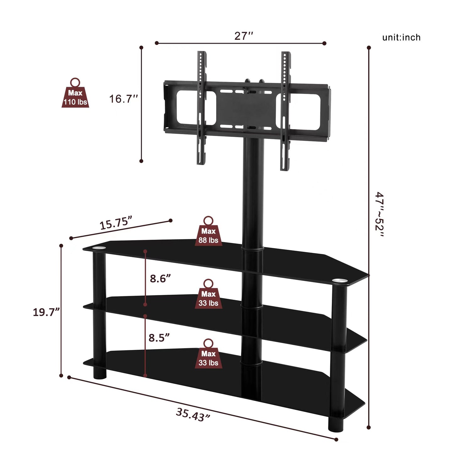 Black Multi-function TV Stand with Adjustable Height and Swivel Bracket