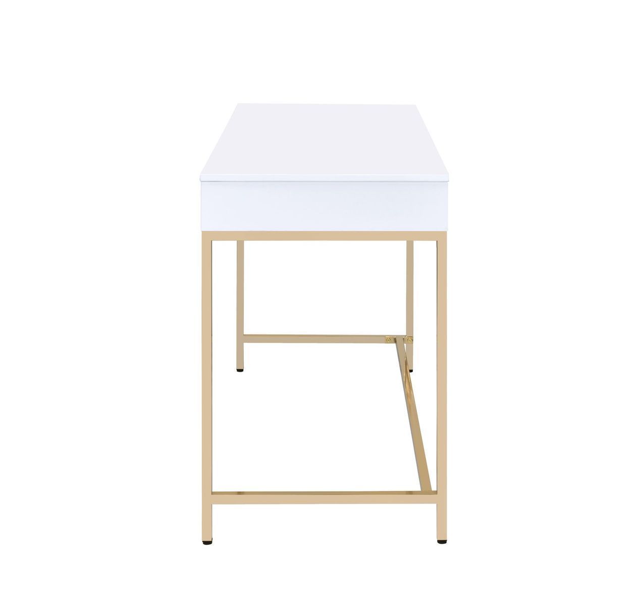 Elegant White High Gloss Office Desk with Gold Metal Accents and Storage