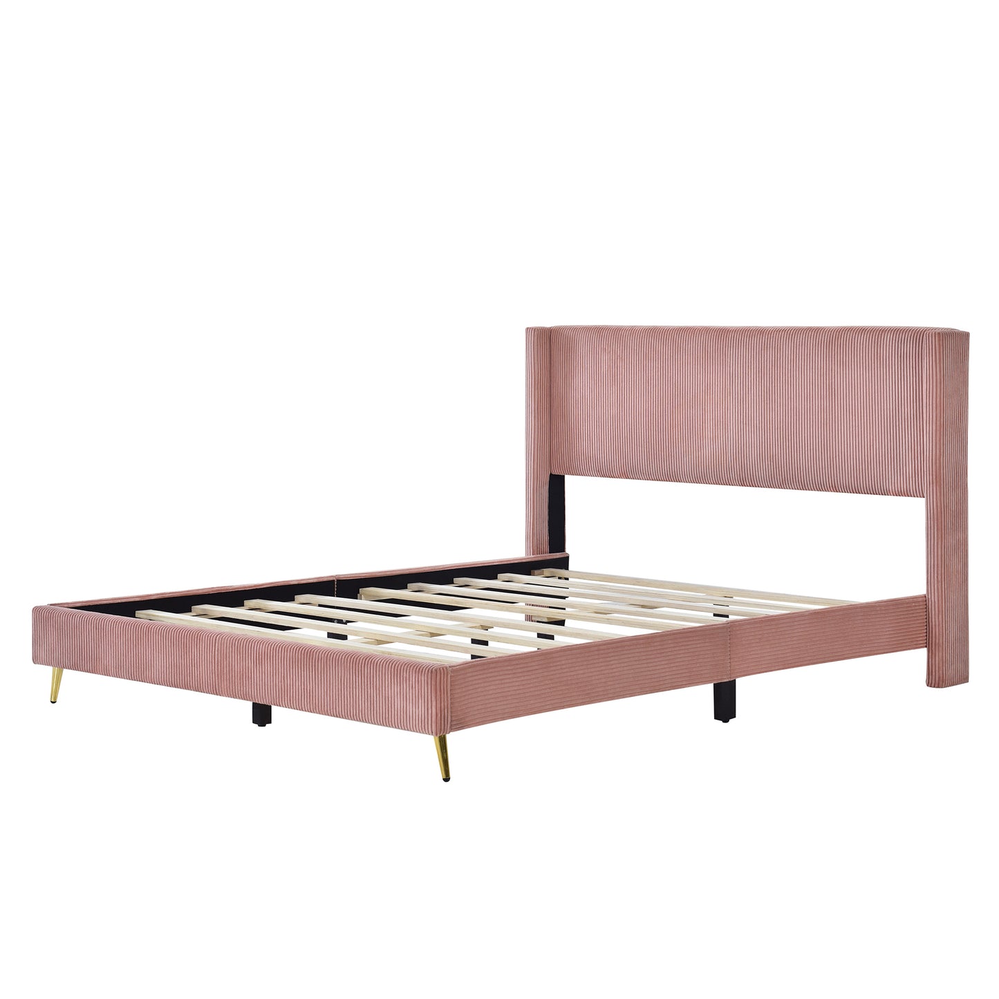 Queen Size Corduroy Platform Bed with Metal Legs, Pink