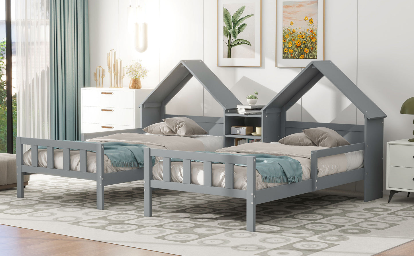 Double Twin Size Platform Bed with House-shaped Headboard and a Built-in Nightstand, Grey