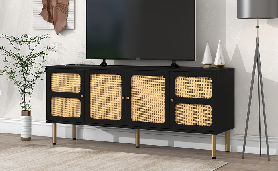 Elegant Country Style TV Stand with Rattan Door and Gold Metal Base