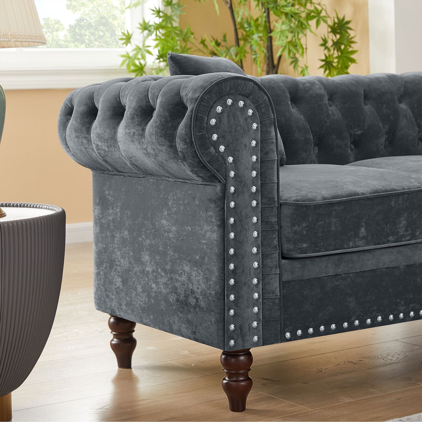 MH 80 Deep Button Tufted Upholstered Grey Velvet L-shaped Sofa with 3 Pillows and Solid Wood Gourd Legs