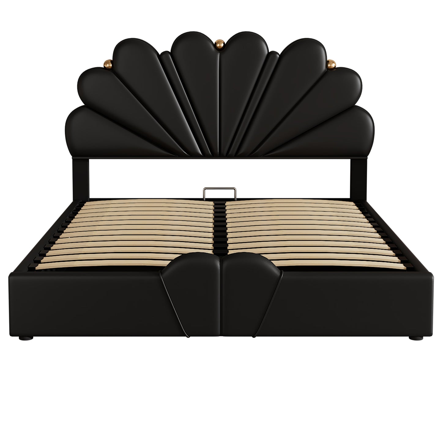 Queen Size Upholstered  Petal Shaped Platform Bed  with Hydraulic Storage System, PU Storage Bed, Decorated with metal balls, Black