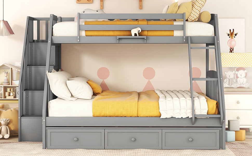 Gray Twin-Over-Full Bunk Bed with Storage Staircase, Ladder, and Drawers