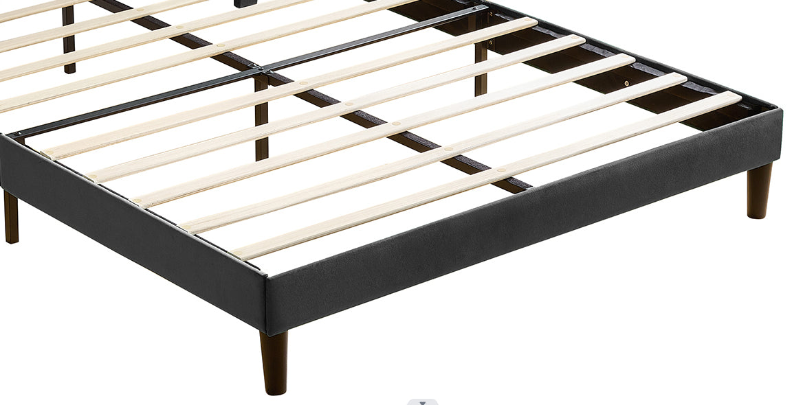 Full Size Frame Platform Bed with Upholstered Headboard and Slat Support, Heavy Duty Mattress Foundation, No Box Spring Required, Easy to Assemble, Black