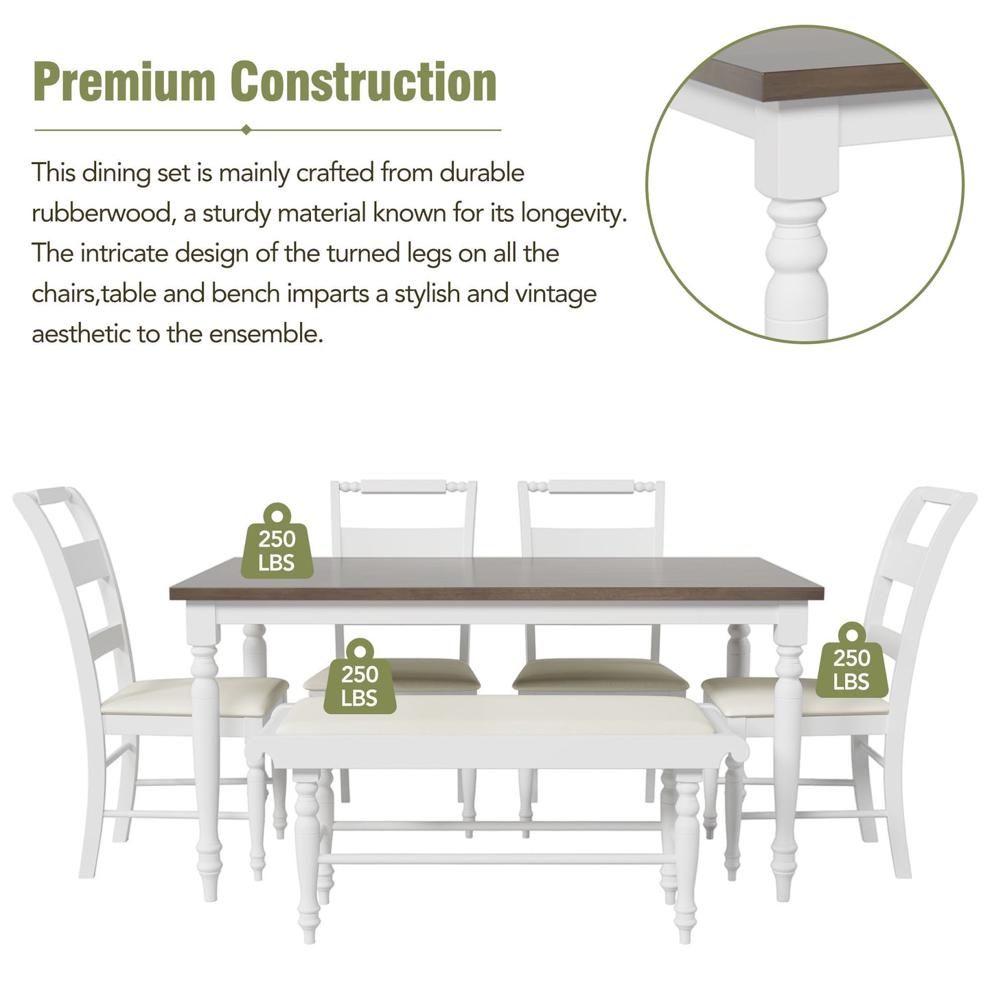 6-peice Dining Set with Turned Legs, Kitchen Table Set with Upholstered Dining Chairs and Bench,Retro Style, White