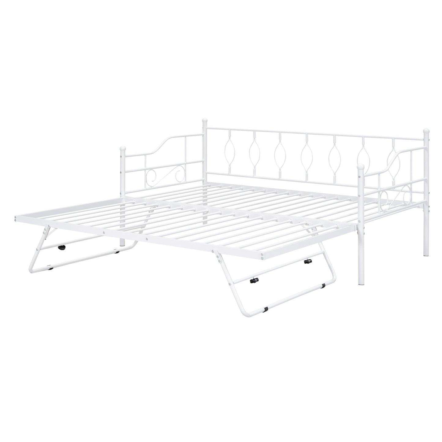 Twin Size Metal Daybed with Twin Size Adjustable Trundle, Portable Folding Trundle, White