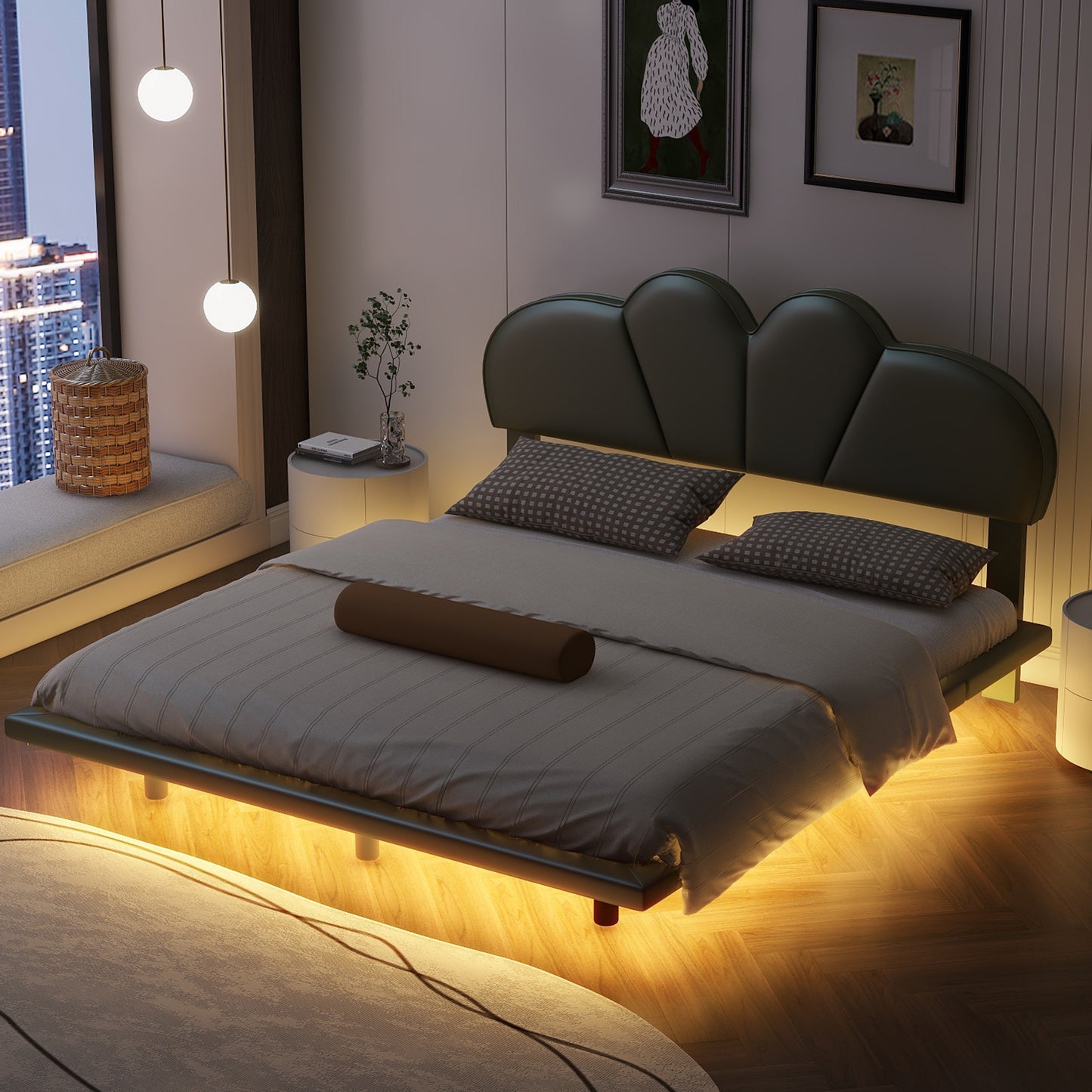 Full Size Upholstery LED Floating Bed with PU Leather Headboard and Support Legs,Green