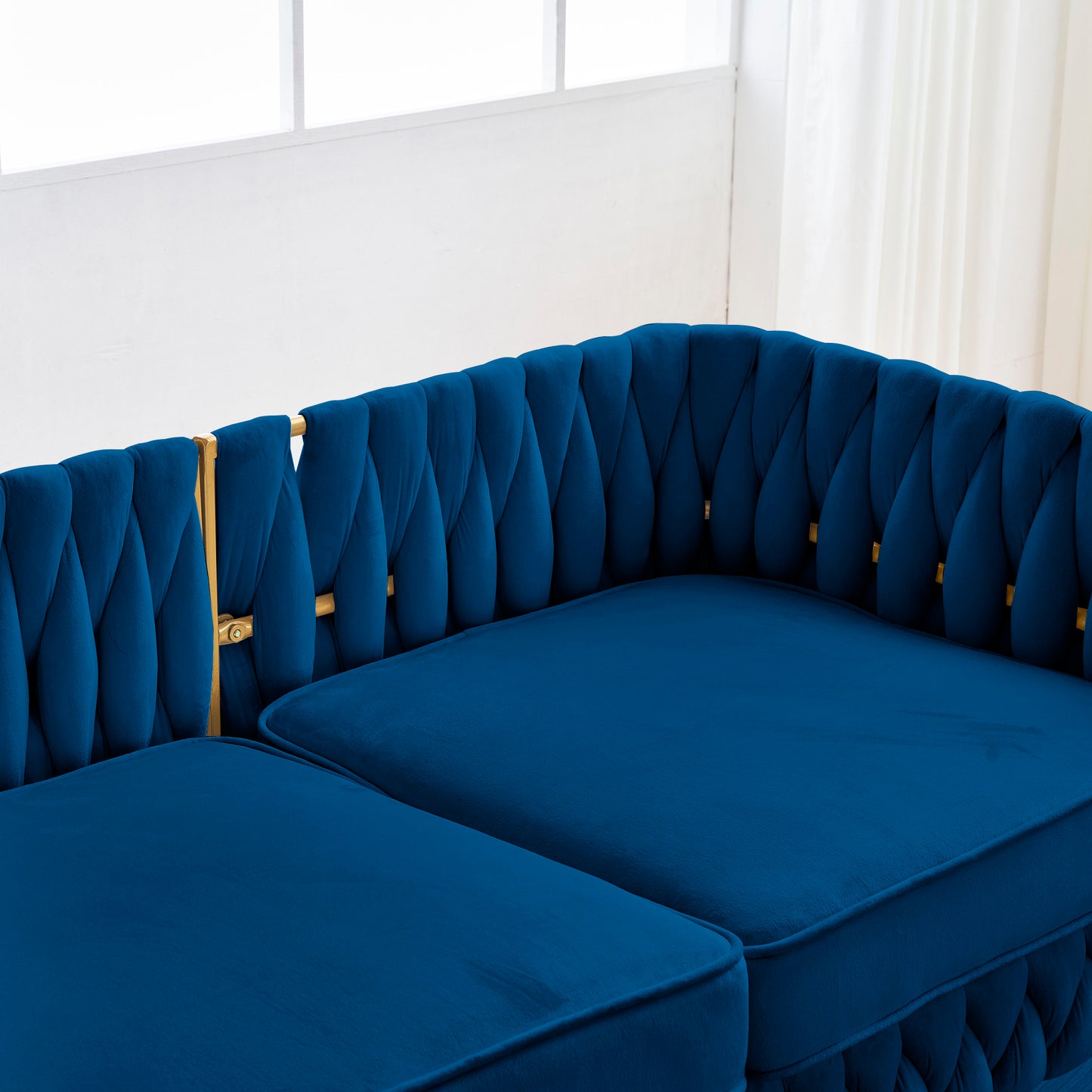 Luxurious 3-Piece Blue Velvet Living Room Set with Handwoven Tufted Backrest and Golden Metal Legs