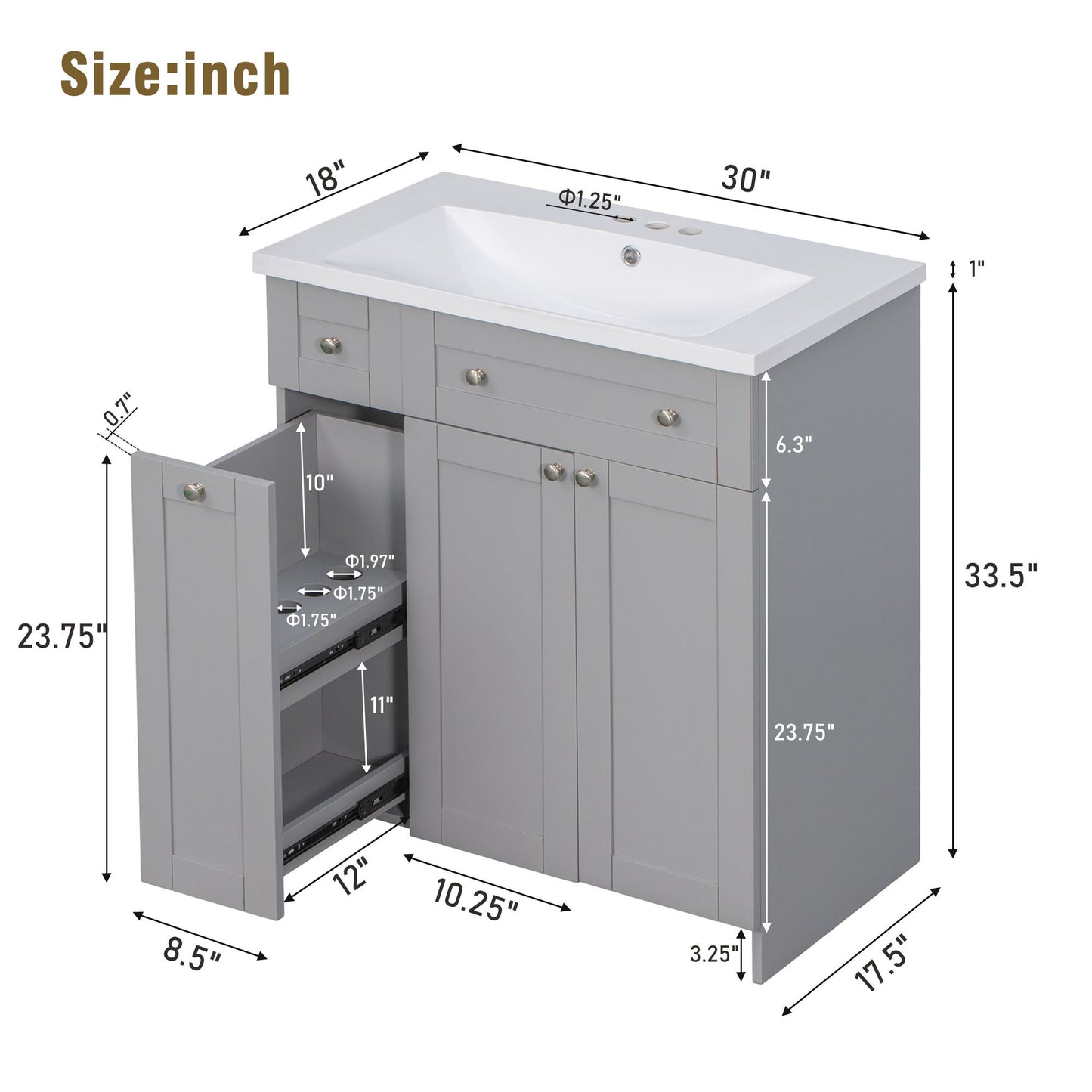 30" Bathroom vanity with Single Sink in grey,Combo Cabinet Undermount Sink,Bathroom Storage Cabinet