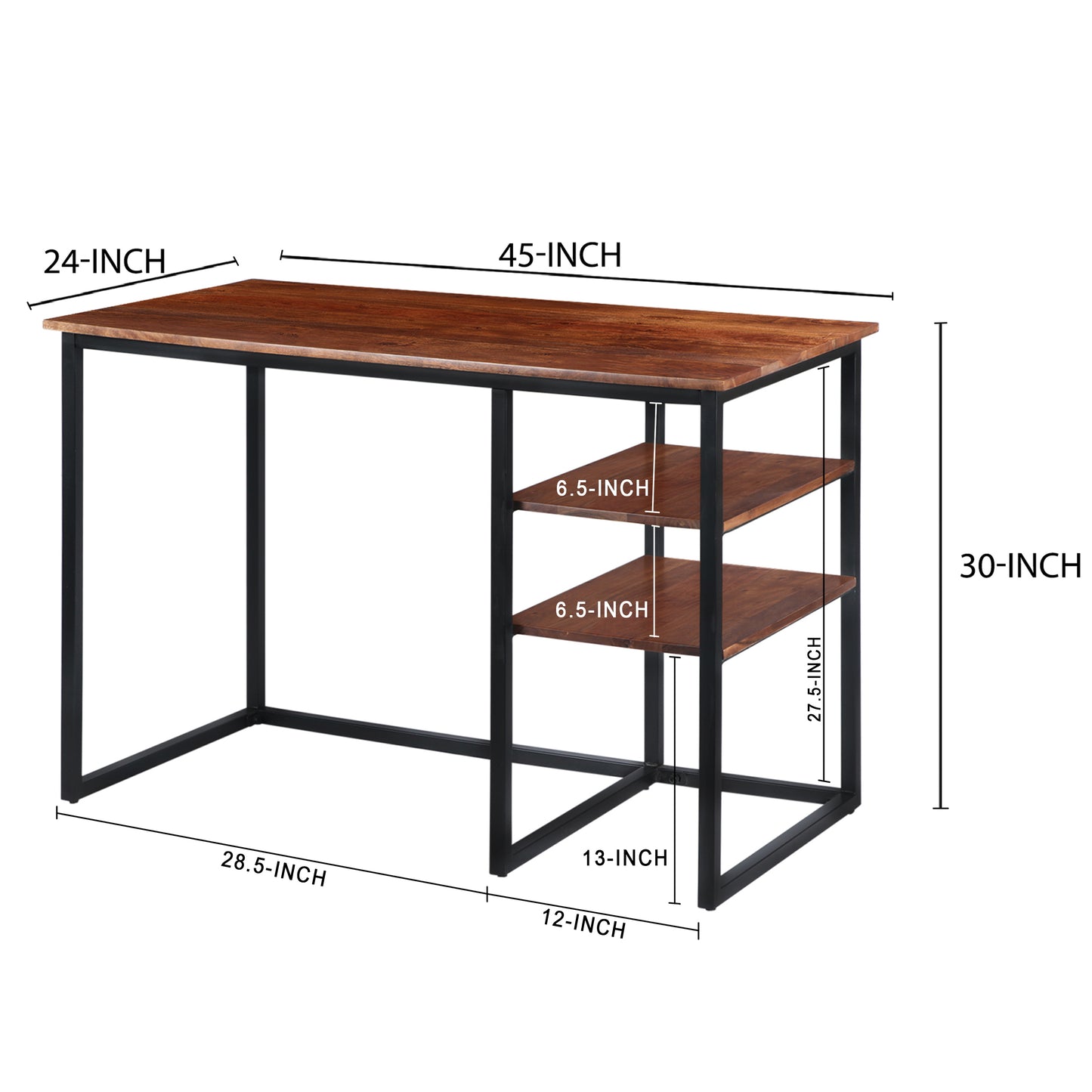 45 Inch Tubular Metal Frame Study Desk with Wooden Top and 2 Side Shelves, Brown and Black