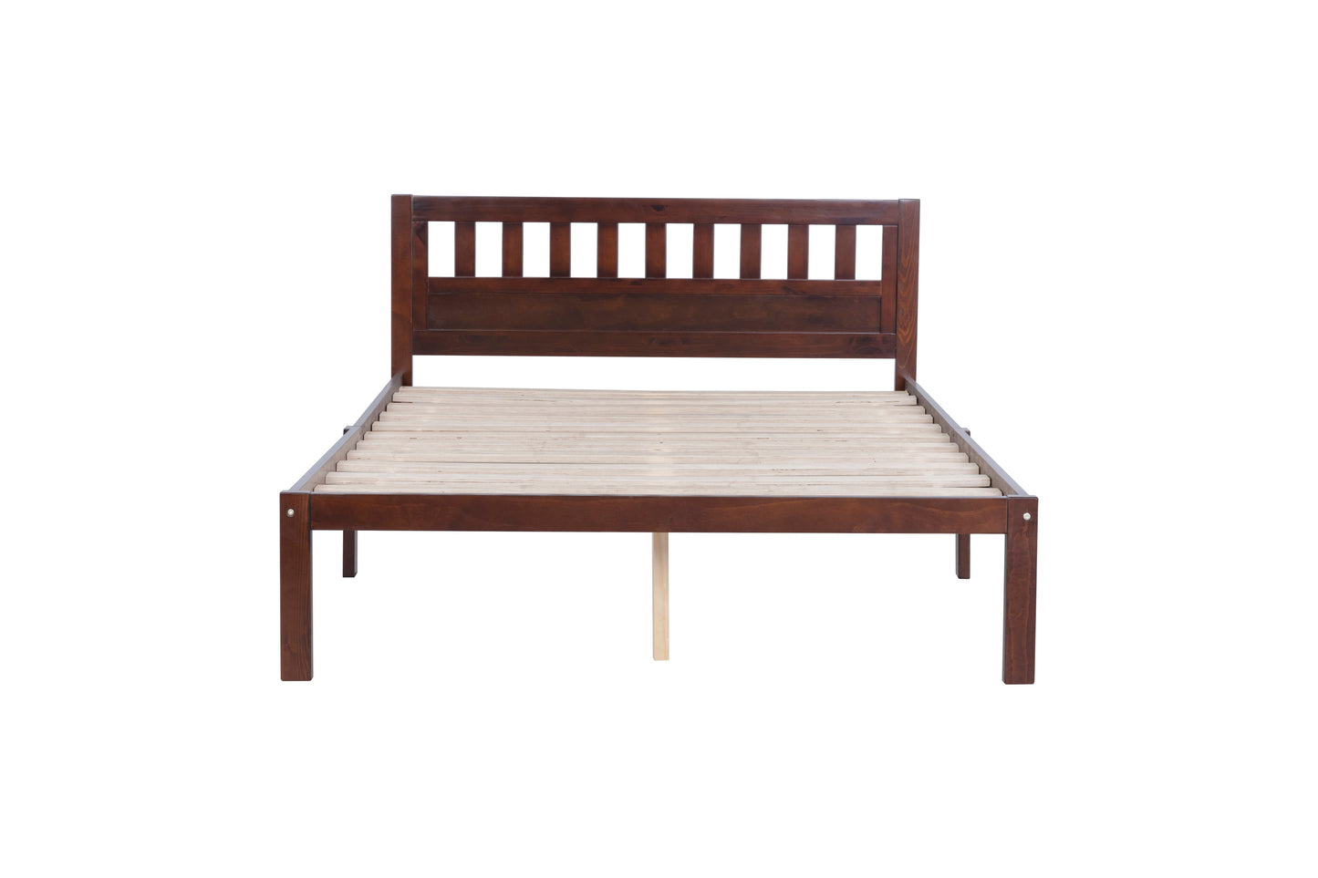 Full Size Bed, Wood Platform Bed Frame with Headboard For Kids, Slatted, Dark Walnut