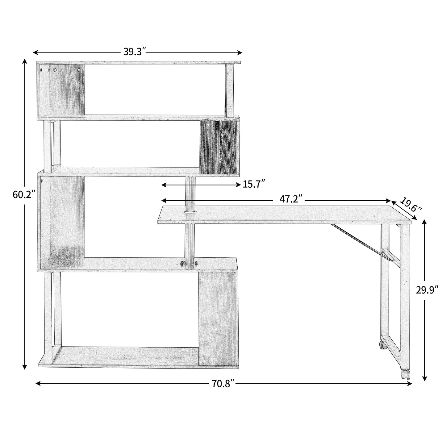 Modern L-Shaped Computer Desk with Rotating Bookshelf - Brown Tiger Wood