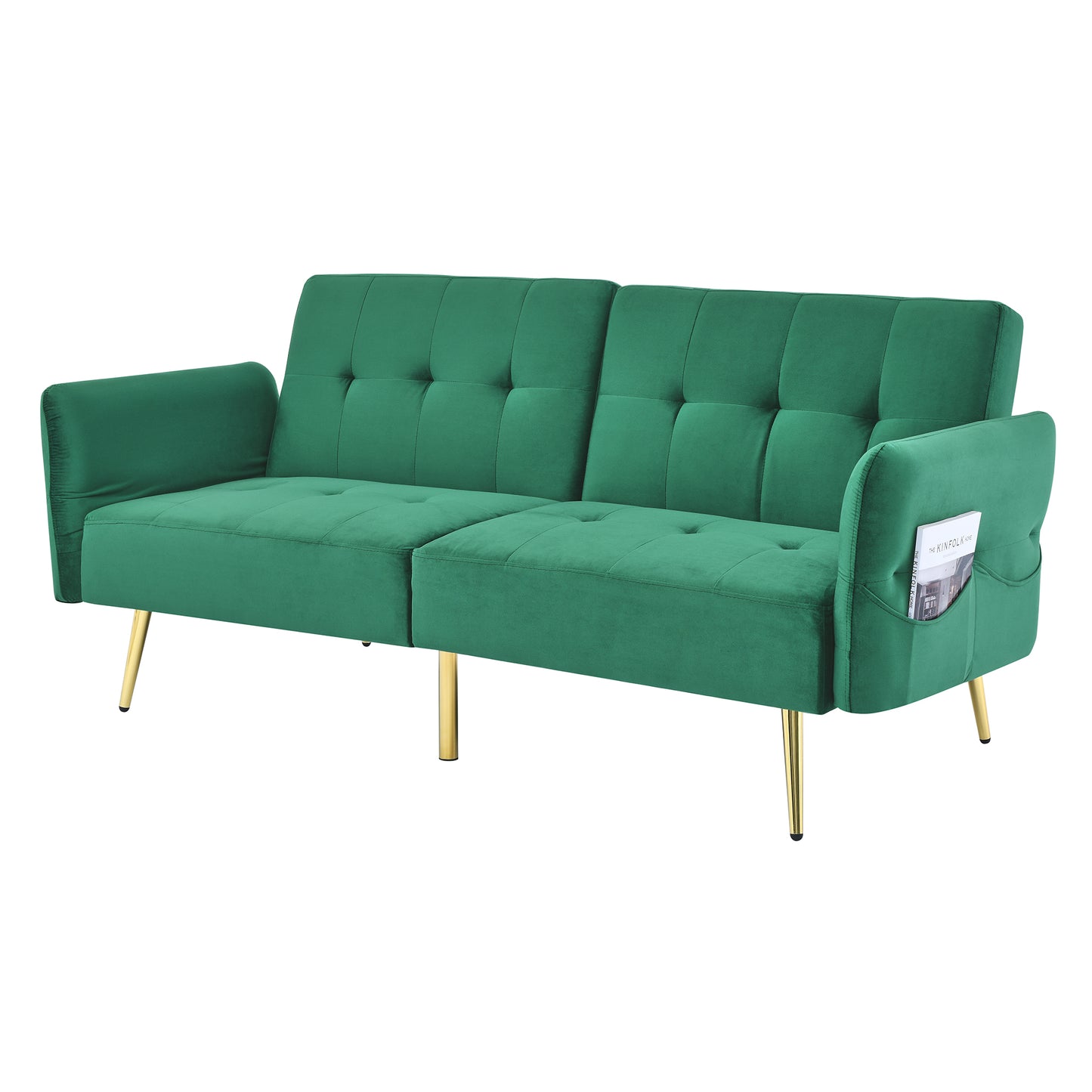 Luxurious Italian Velvet Sofa Bed with Armrest Storage, Green 280g Velvet