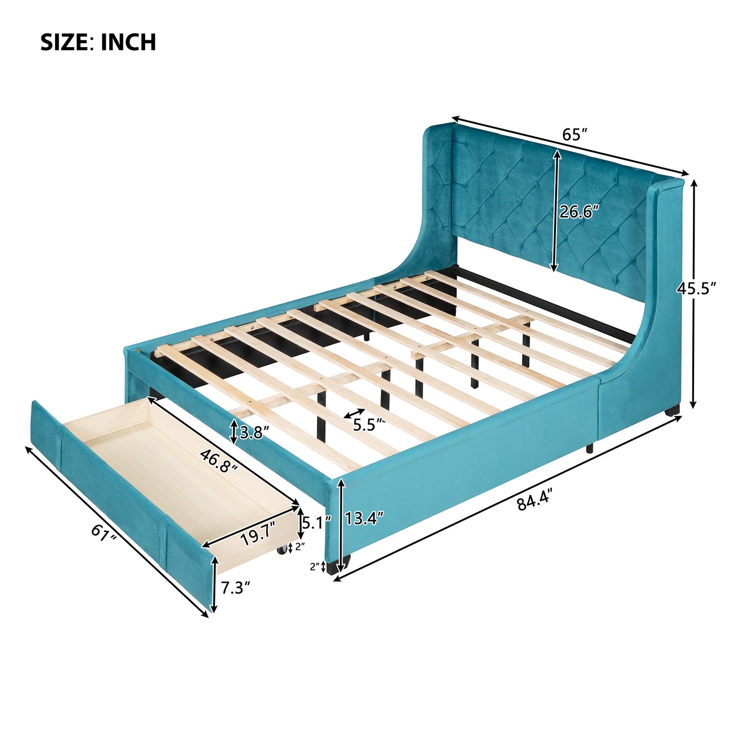 Queen Size Storage Bed Velvet Upholstered Platform Bed with Wingback Headboard and a Big Drawer (Blue)