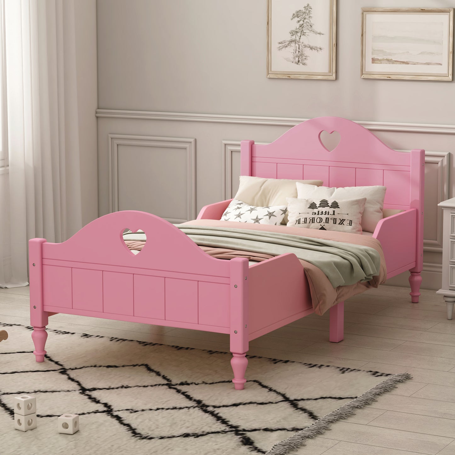 Macaron Twin Size Toddler Bed with Side Safety Rails and Headboard and Footboard,Light Pink