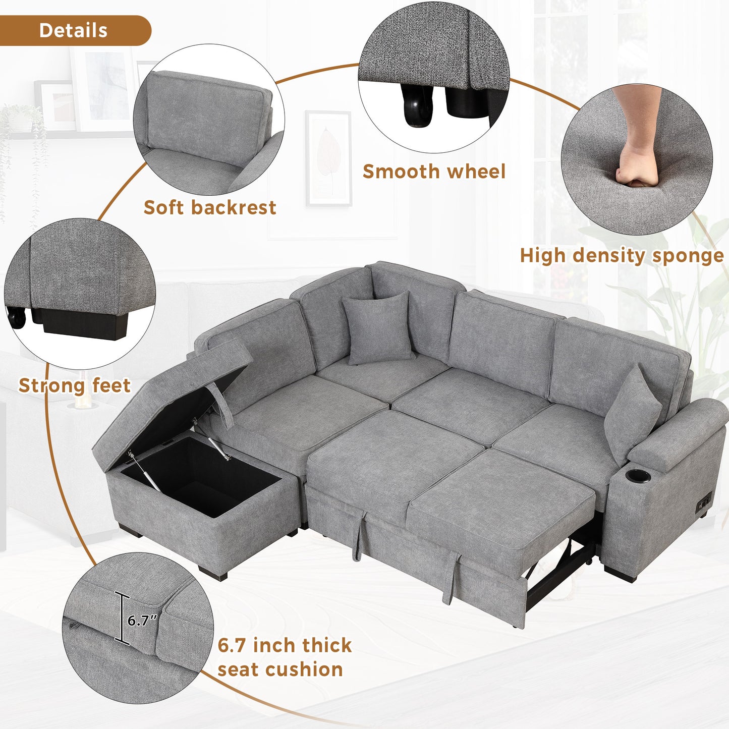 87.4 Gray L-Shaped Sleeper Sofa Bed with Ottoman Storage