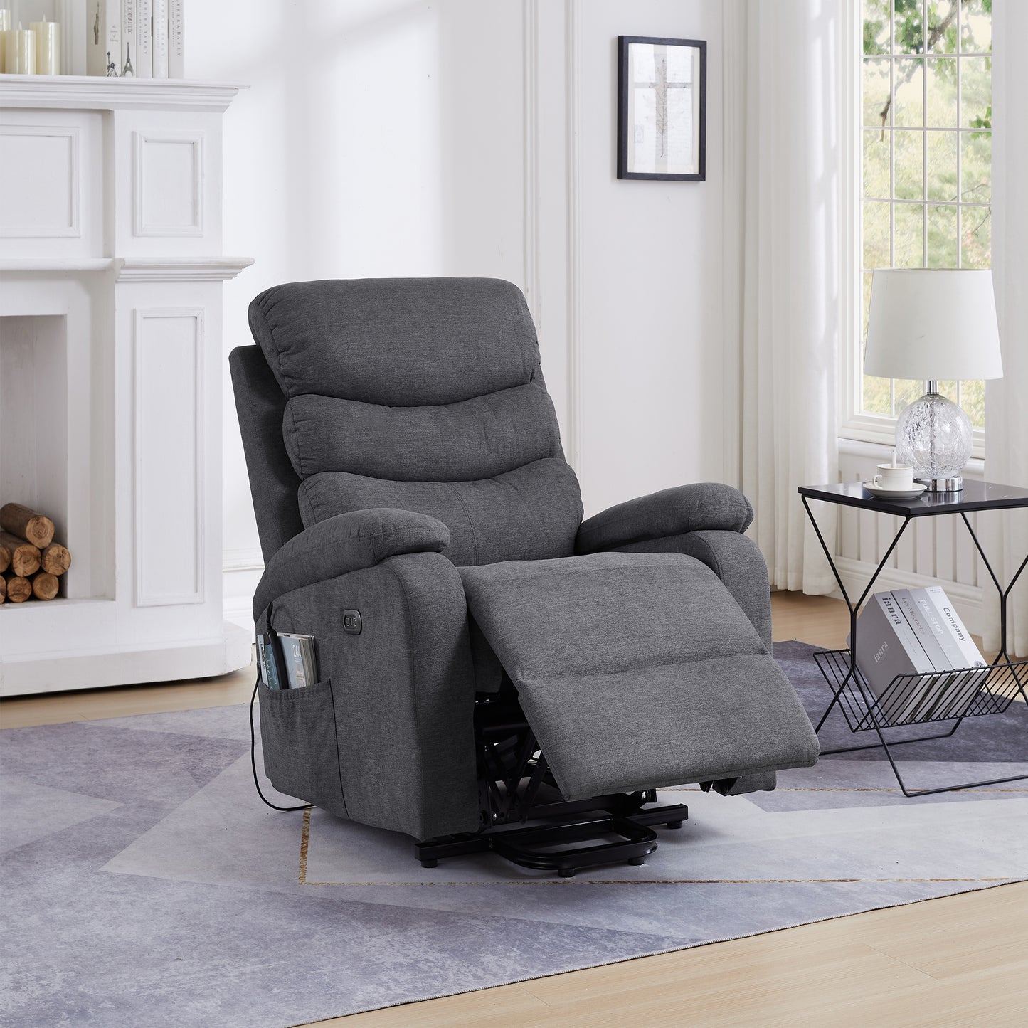 Electric Power Lift Recliner Chair with Massage and Heating - Grey Linen Fabric and USB Port