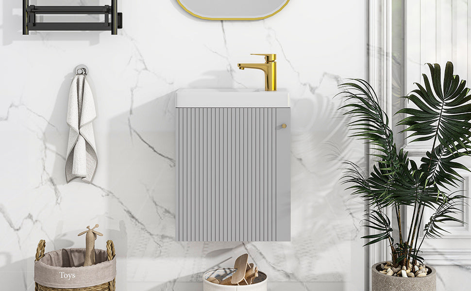 Contemporary 16" Wall-Mounted Bathroom Vanity Combo Cabinet with Ceramic Basin - Ideal for Small Bathrooms