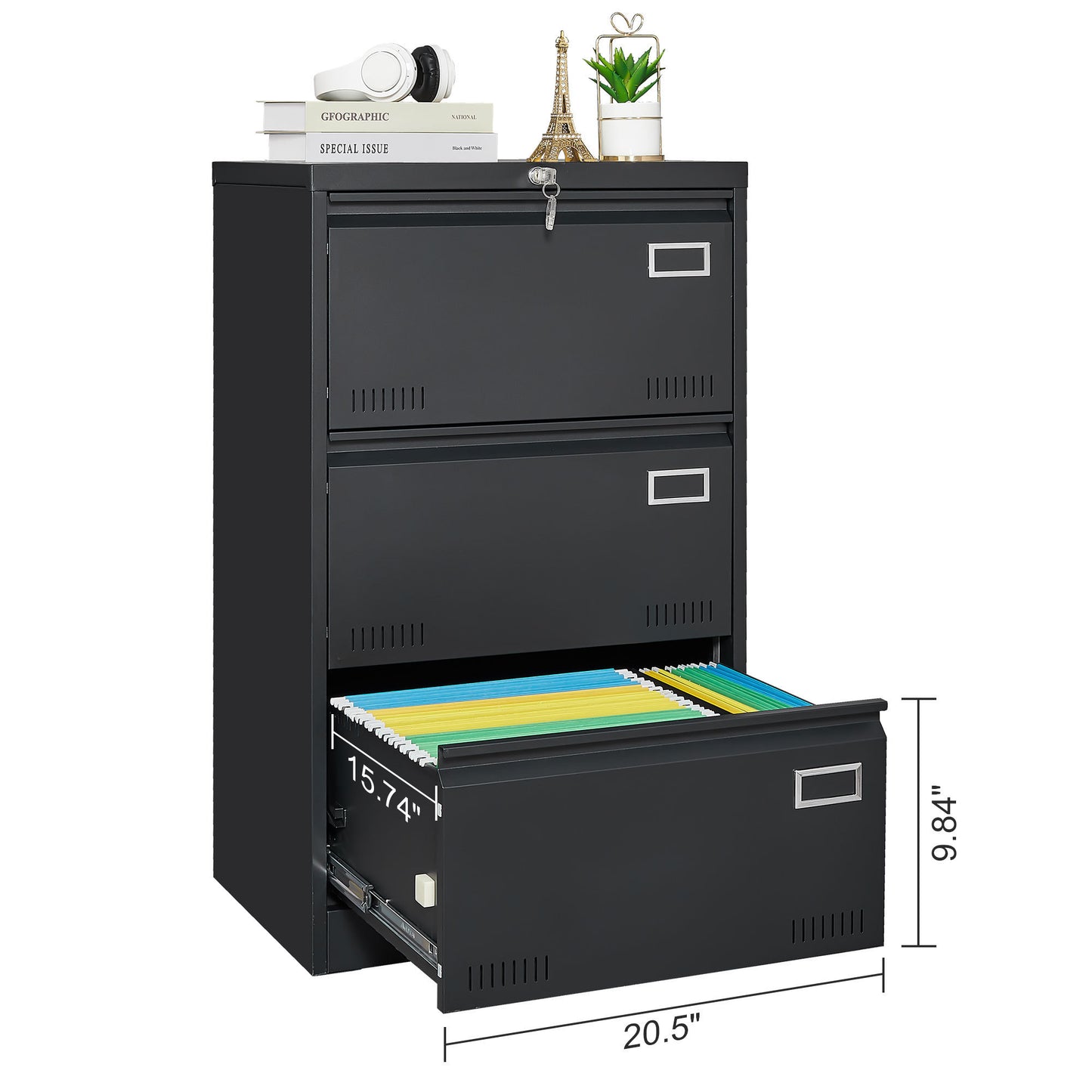 3-Drawer Black Metal Lateral File Cabinet with Lock for Home Office