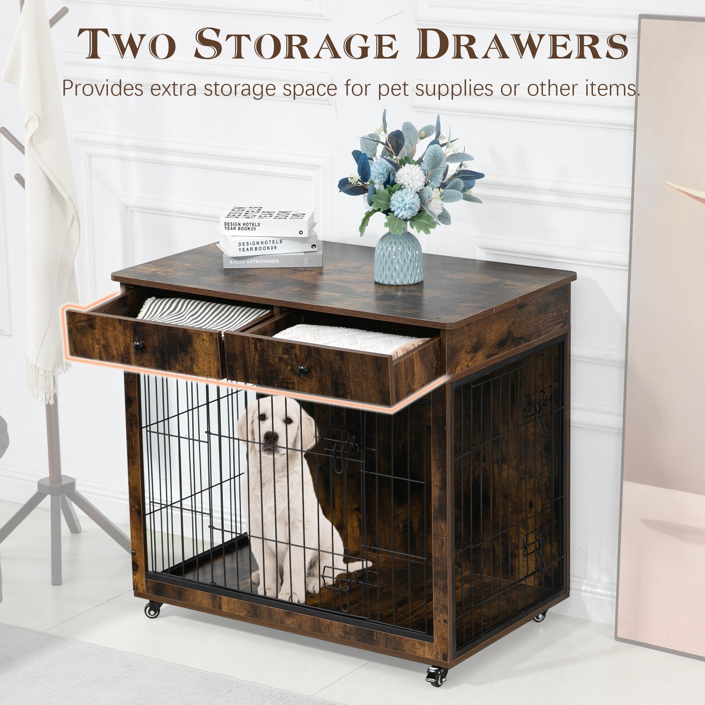 Dog Crate Furniture, Wooden Dog House, Decorative Dog Kennel with Drawer, Indoor Pet Crate End Table for Small Dog, Steel-Tube Dog Cage, Chew-Proof, Rustic Brown 31.7" L×23.2" W×33" H