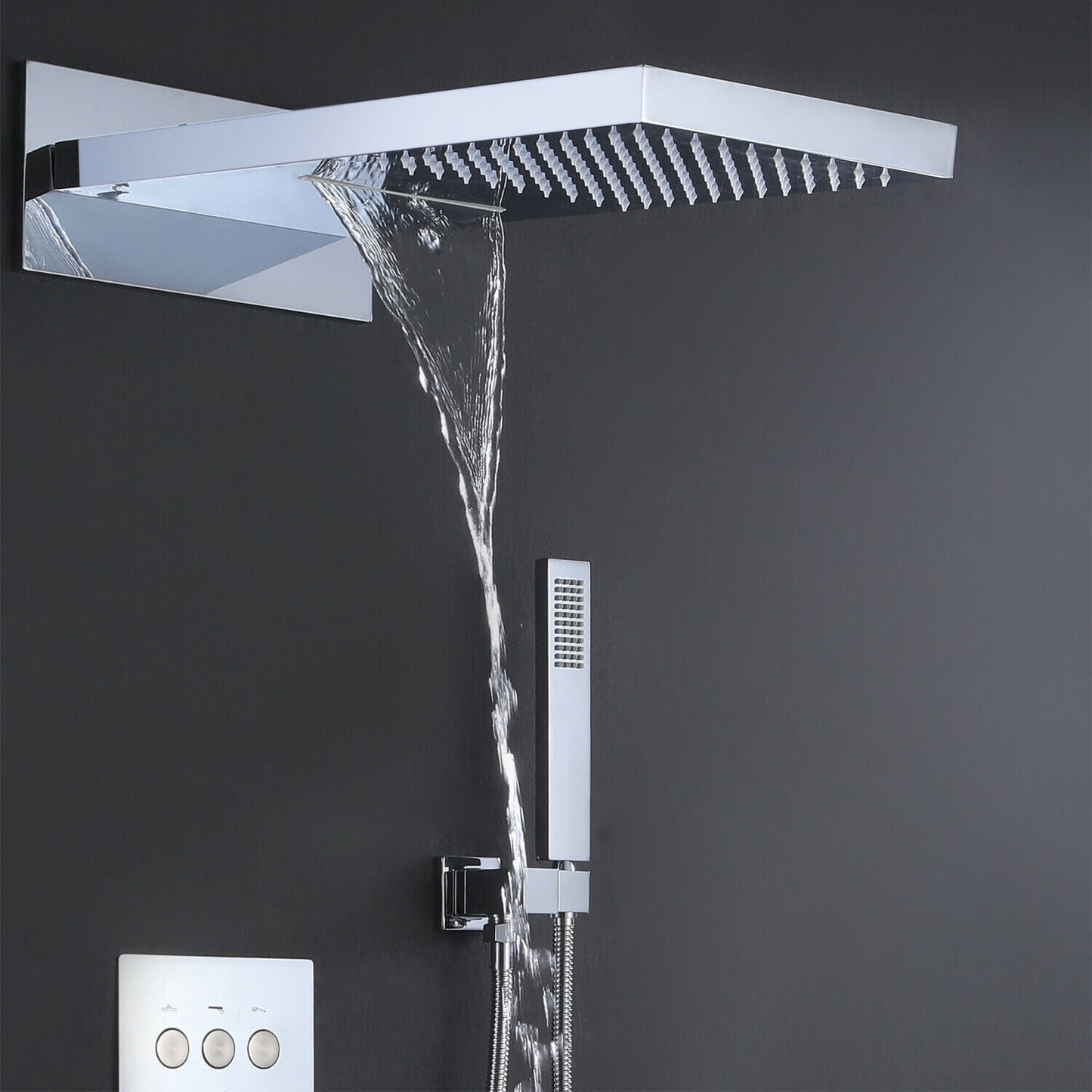 Chrome Dual Shower Faucet Set with Thermostatic Valve and Wide Coverage Rainfall Head