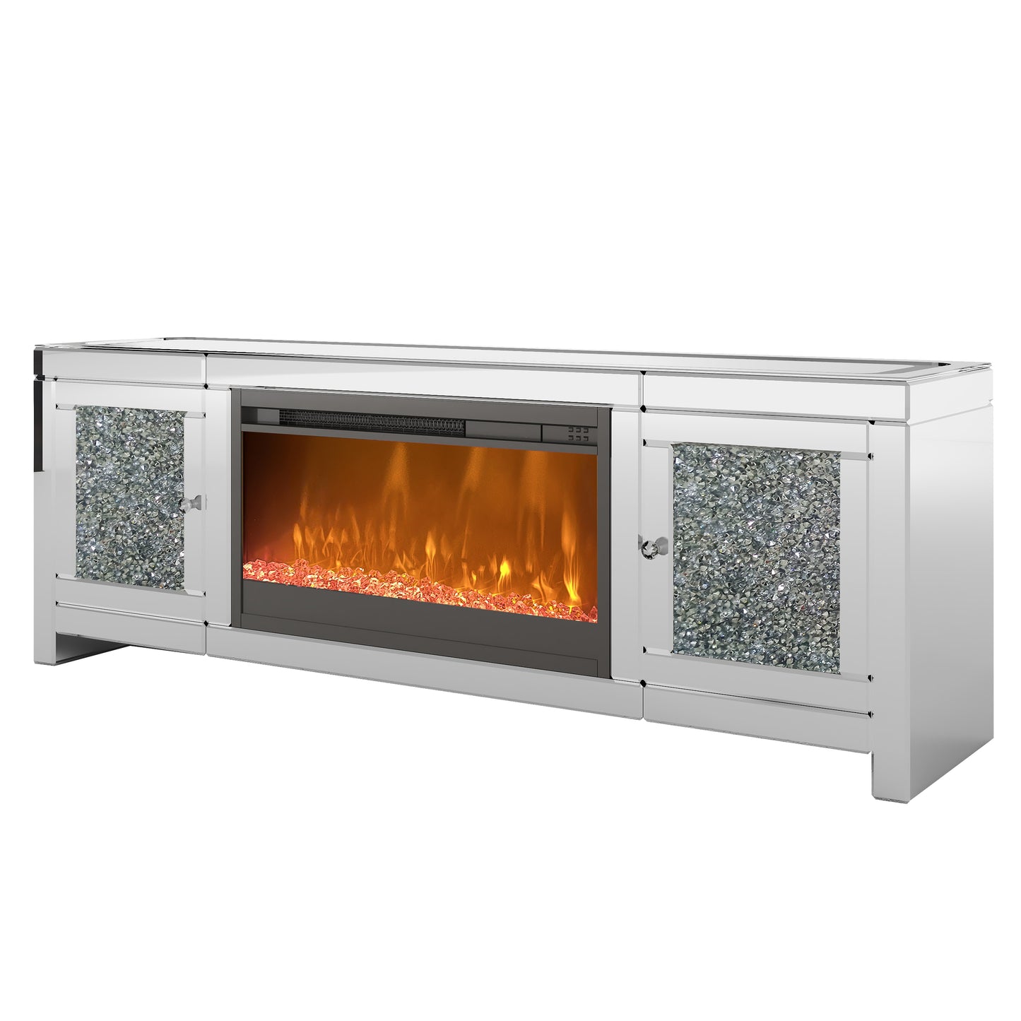 Luxury Mirrored TV Stand with Electric Fireplace and Crystal Decor Doors