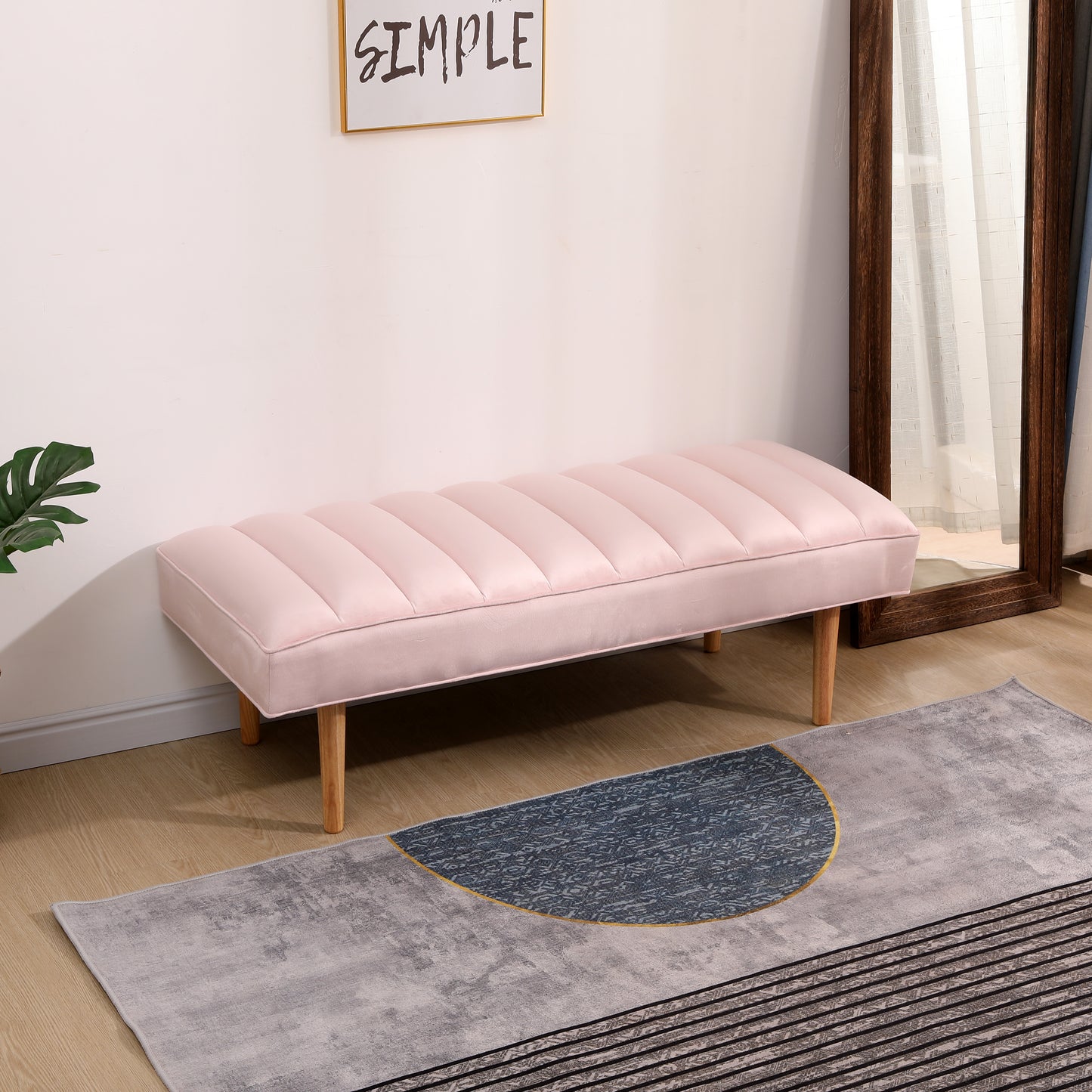 Pink Velvet Upholstered Bench Channel Tufted Bedroom Ottoman with Wood Legs Home Furniture (Pink)