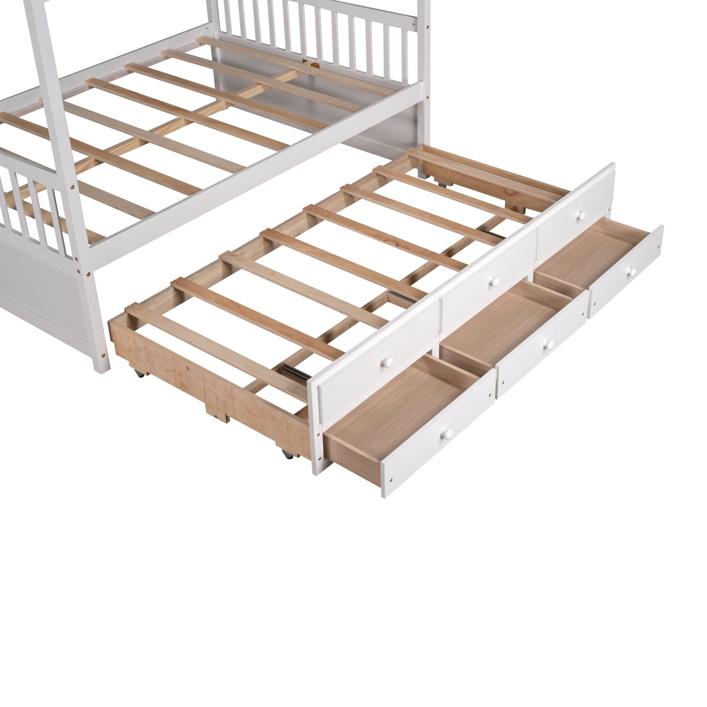 Full size Wooden House Bed with Trundle and 3 Storage Drawers-White