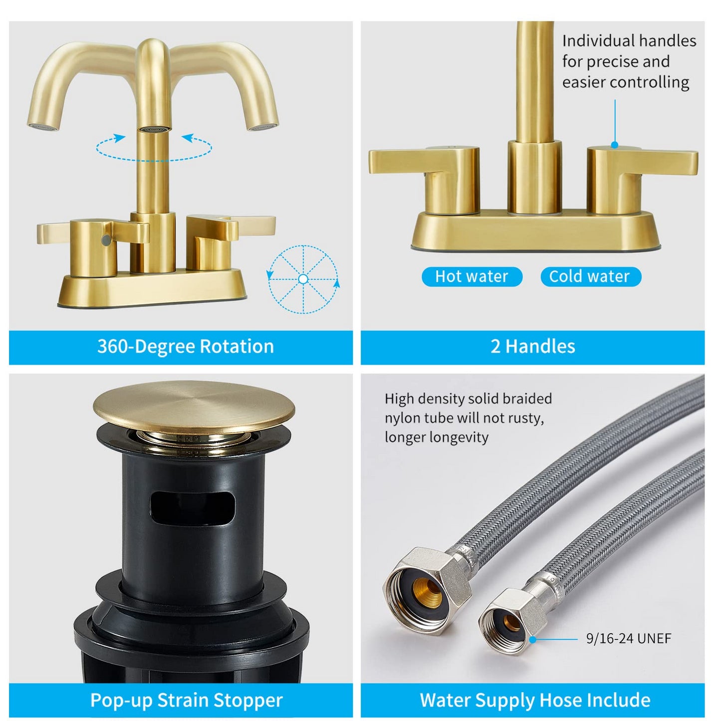 Modern Brushed Gold Bathroom Faucet with 2 Handles and Pop Up Drain