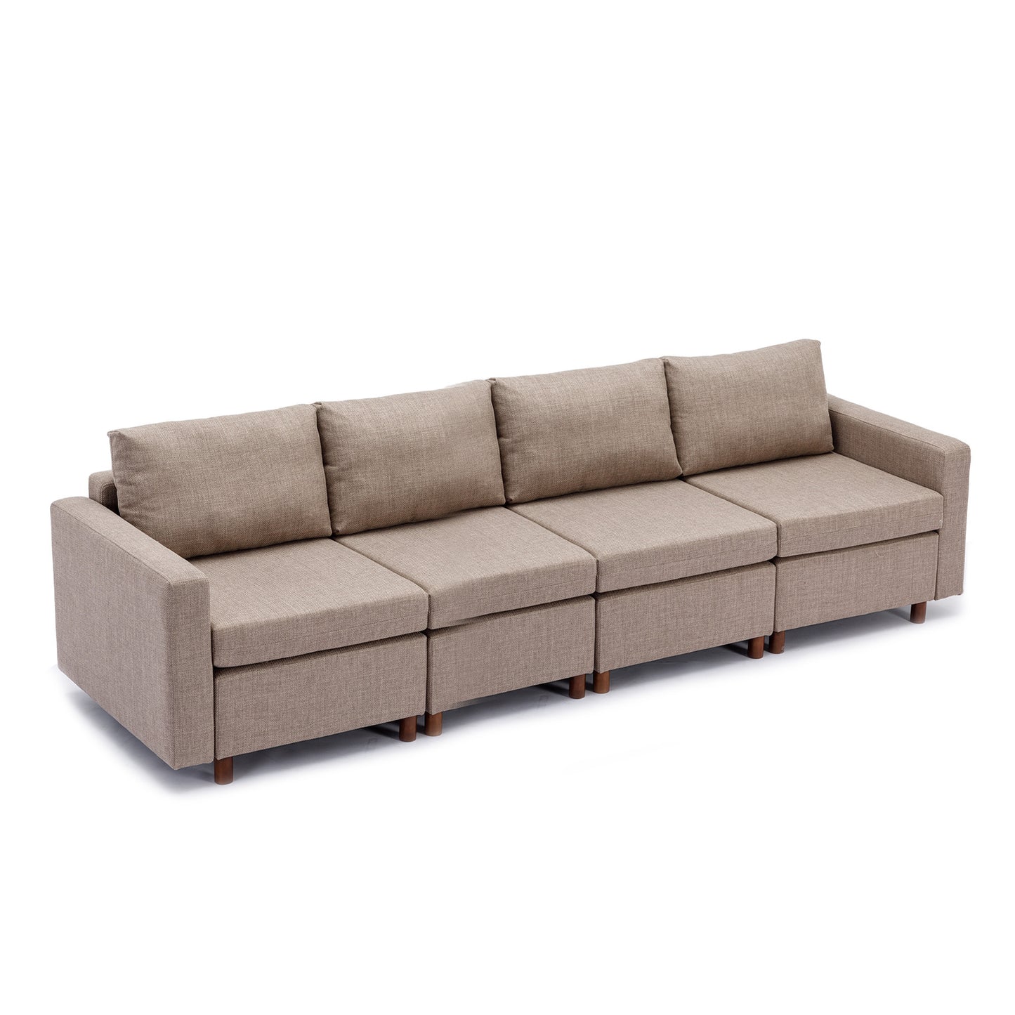 4 Seat Sectional Sofa with Ottoman, Brown Linen, Sturdy Wood Frame, High-Density Sponge Padding