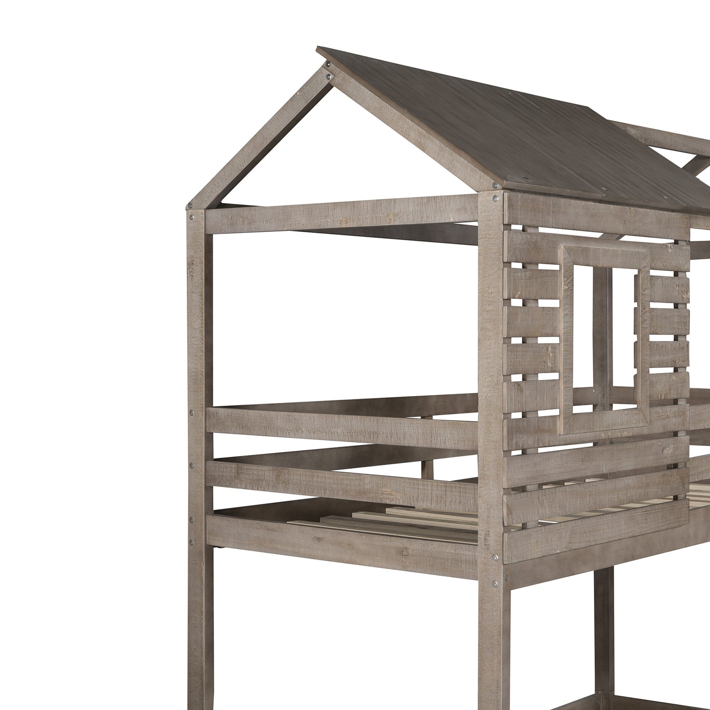 House-Shaped Twin Over Twin Bunk Bed with Slide, Storage Drawers, and Antique Gray Wood Finish