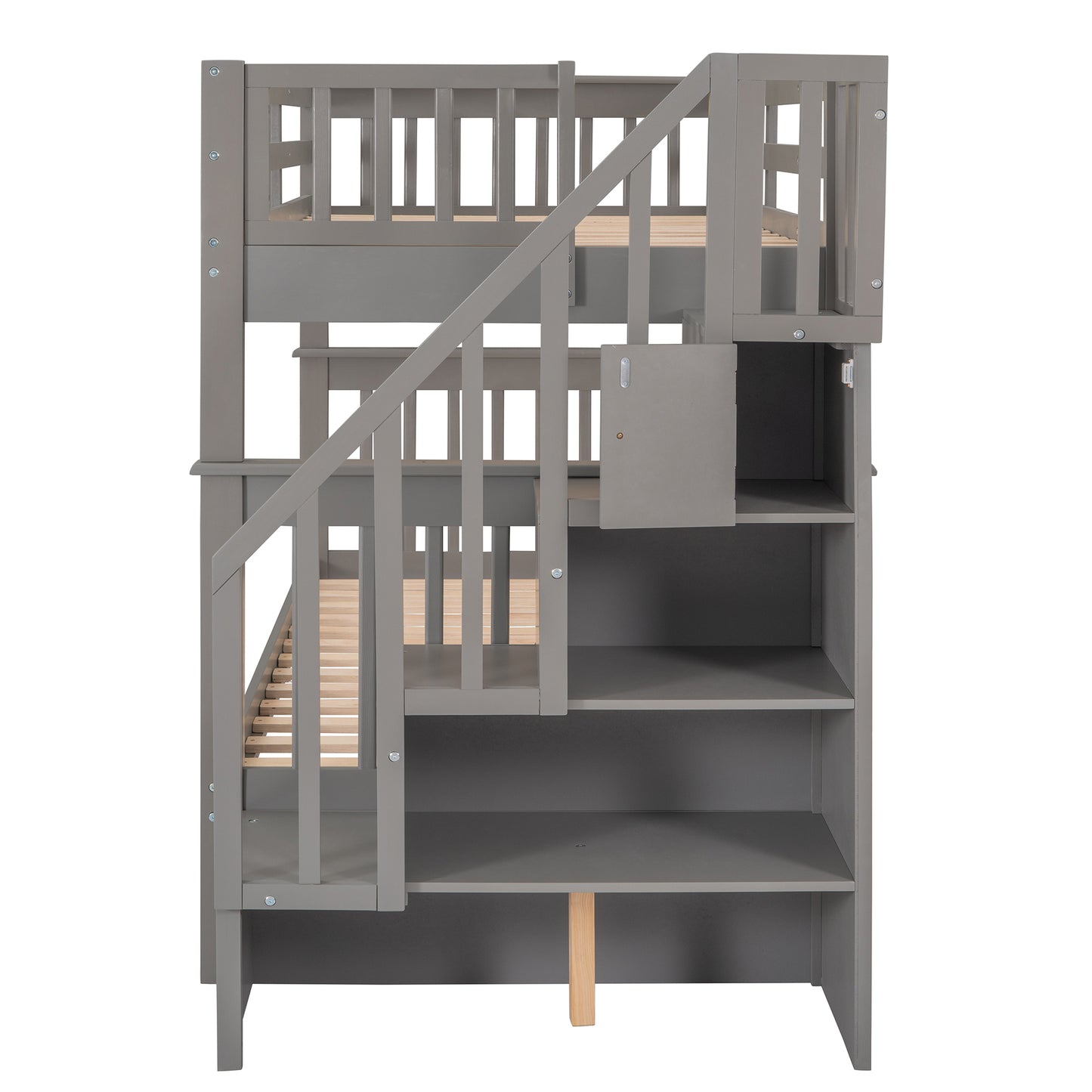 Gray Twin Bunk Bed with Staircase Storage and Guard Rail