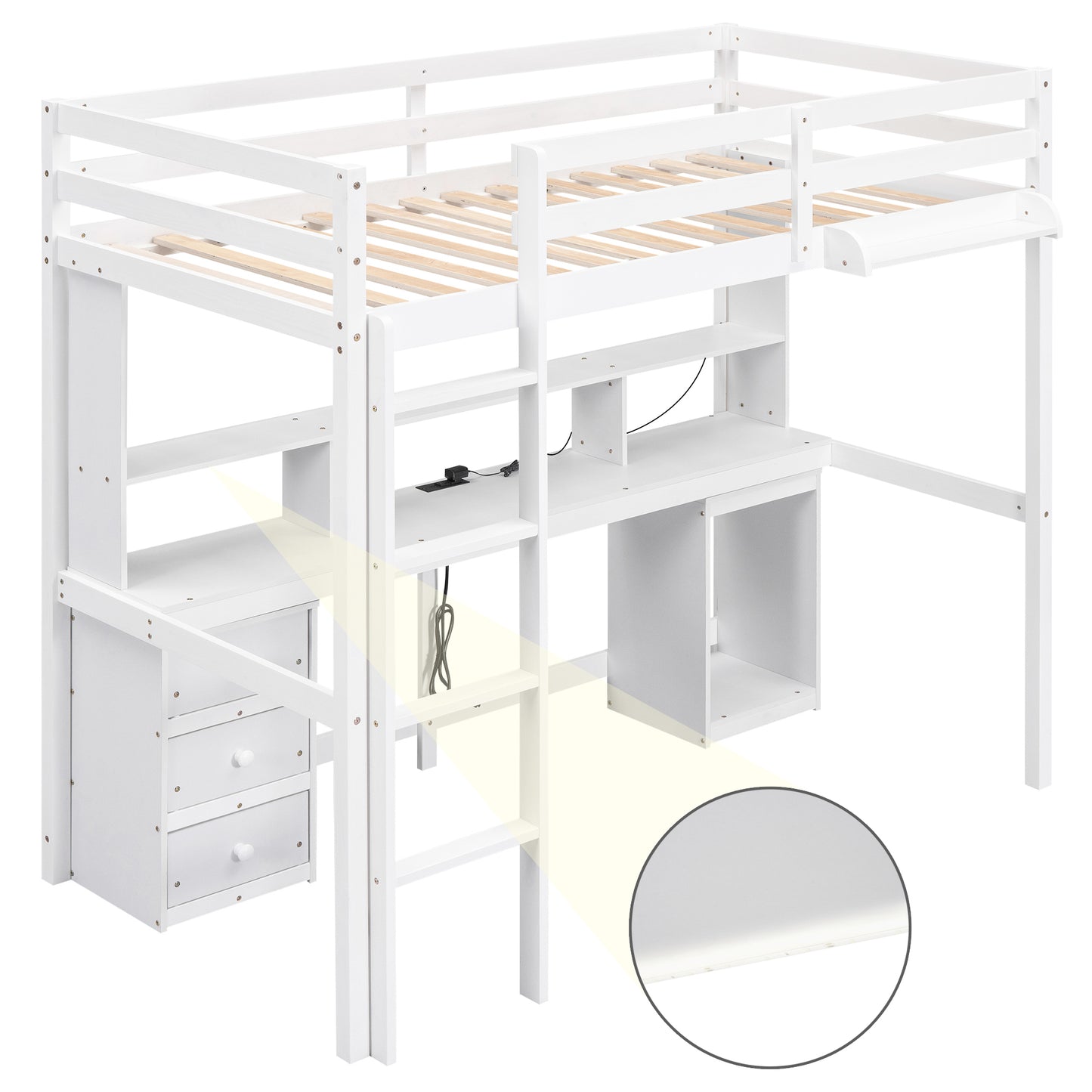 Full Size Loft Bed with Multi-storage Desk, LED light and Bedside Tray, Charging Station, White