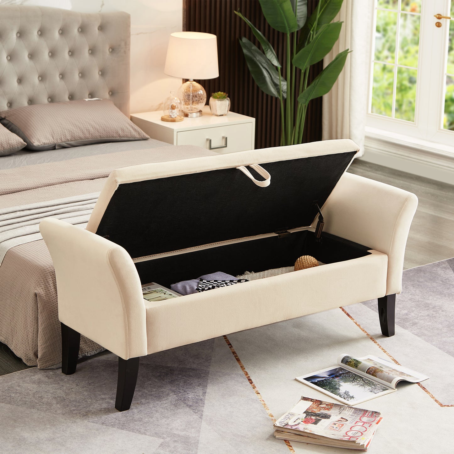 51.5" Bed Bench with Storage Beige Velvet