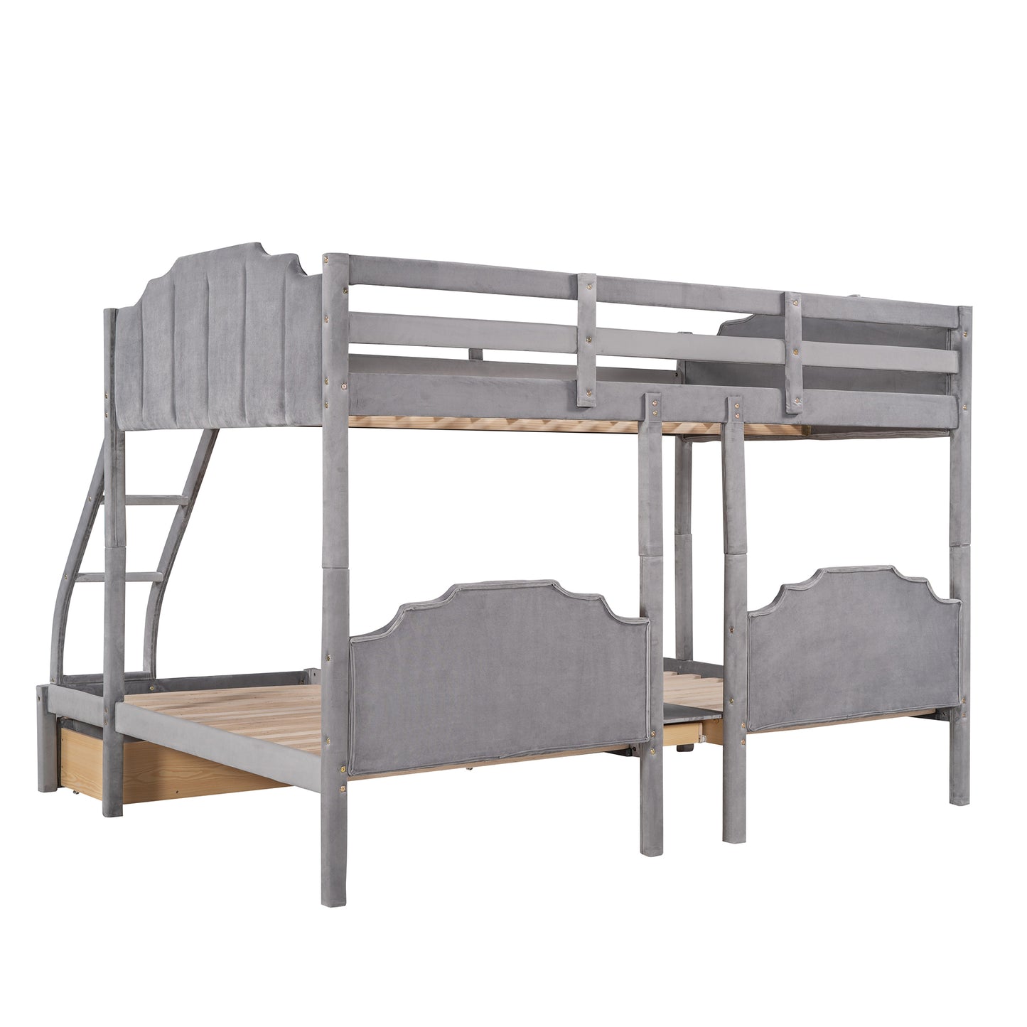 Gray Velvet Triple Bunk Bed with Full Over Twin & Twin, Drawers, Guardrails, and Space-Saving Design